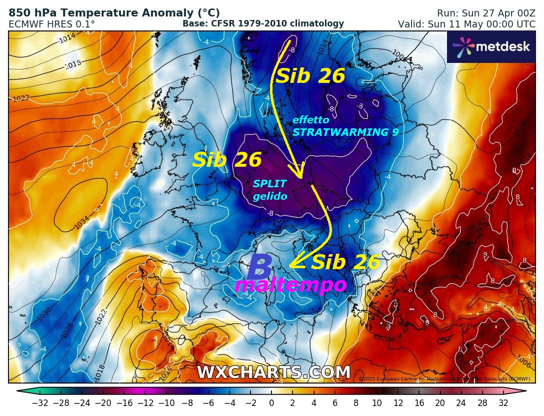 ECMWF delinea persino una RAFFICA di SIB 25 & SIB 26, con START dal 5 MAGGIO, verso l’ITALIA, con PRIMAVERA in KO completo…