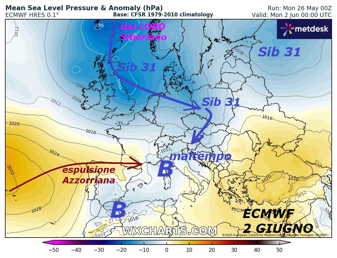 FLASH dedicato all’ANALISI della perenne SUPREMAZIA
di MADRE NATURA, sopra TUTTI gli Uomini, POCO nota…
Proponiamo un ultimo MODELLO Deterministico by ECMWF
Europeo, dove si rivela, che gia’ dal 1 di GIUGNO,
avremo a che fare con un nuovo IMPULSO del FREDDO,
che noi chiamiamo SIB 31, appunto con matrice dal LOBO
SIBERIANO, ancora FREDDO da EST, che spinge all’ASSALTO
dell’ITALIA, mentre in questi prox Giorni,
abbiamo ancora importante MALTEMPO ed INSTABILE
sul nostro PAESE, al posto di ESTATE esuberante AFRICANA,
trovate TUTTO sui nostri prcedenti MODELLI
e CAROSELLI Determinici, che vi abbiamo presentato
in modo PRECOCE ed UNICO, riguardateli –
