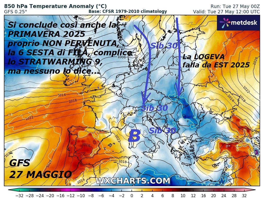 Dedicato all’EPILOGO ancora INDECOROSO della
PRIMAVERA 2025, che e’ ancora stata iper ANOMALA,
BALORDA, con troppo MALTEMPO, senza nessuna CONSISTENZA, NON consona all’ITALIA, per giunta e’ la SESTA di FILA cosi,
che segna un perfetto FLOP e TILT meteorologico…
causa ne e’ proprio lo STRATWARMING 9, anche quest’Anno