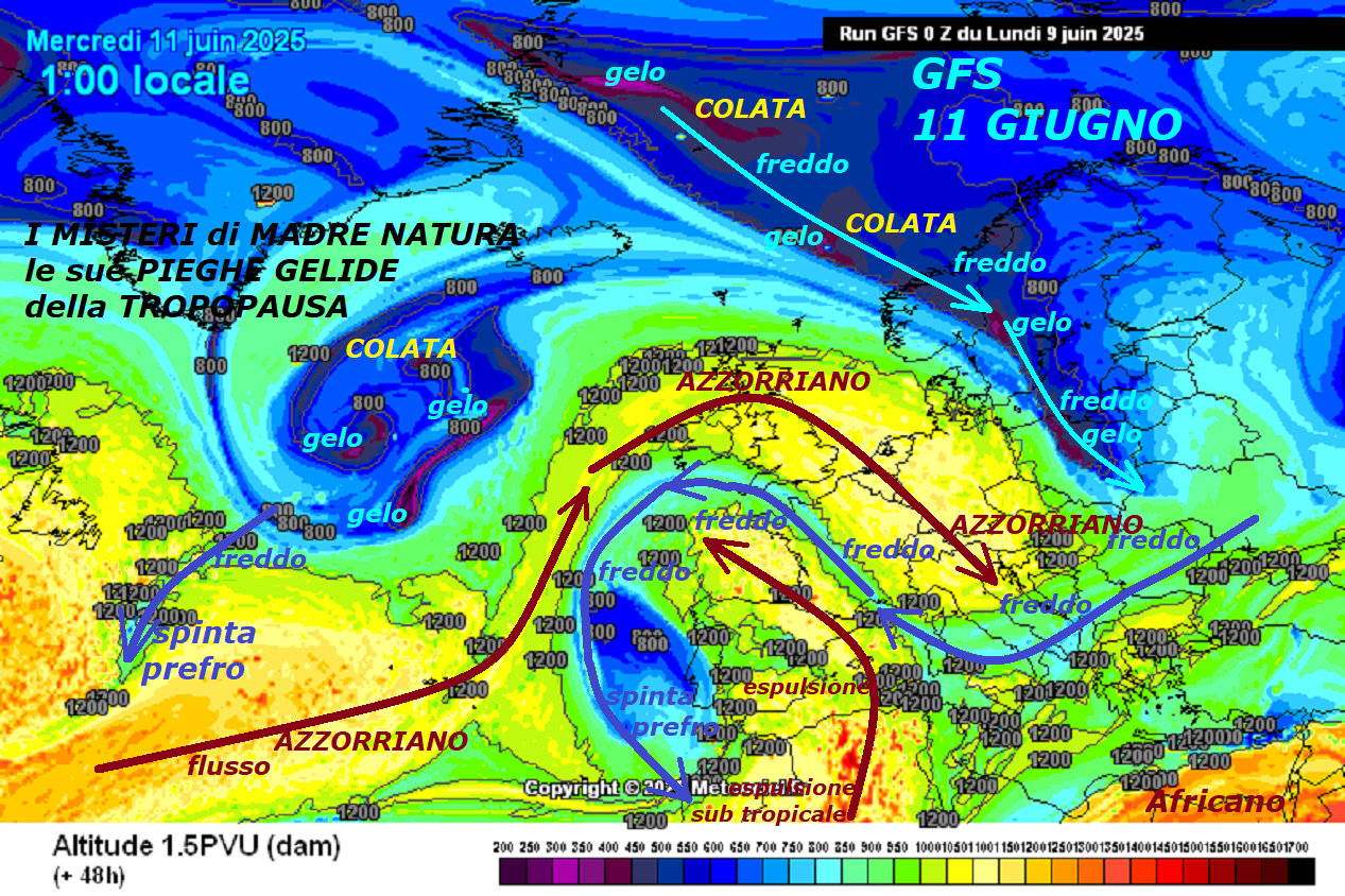 Dedicato all’ANALISI e RESUME’ della VERA METEO,
che viene presentata di continuo, su questo SITO…
Anche al Giorno 11 GIUGNO, l’ITALIA e’ proprio sotto
Flusso del tutto AZZORRIANO e NON AFRICANO –
Va fatto sapere in milioni di CASE, sia in ITALIA,
ma anche all’ESTERO, purtroppo lo ripetiamo,
NON si conoscono bene le ESPULSIONI dei sub TROPICALI