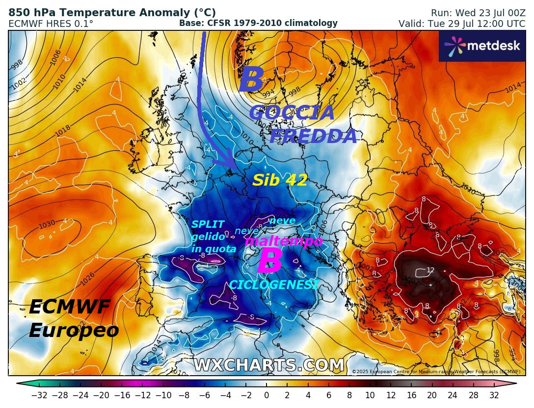 Dal Giorno 28 LUGLIO prosegue il TREND ANOMALO,
con altra GOCCIA FREDDA e sua CICLOGENESI, con
MALTEMPO, PIOGGE e con possibili NEVICATE, di nuovo,
sulle ALPI – Questo LONGEVO BREAK, gia’ in ATTO
da 2 Giorni, poi prosegue in questo modo,
con altro IMPULSO FREDDO del SIB 42, viviamo
momenti STORICI nel CUORE dell’ESTATE, MAI visti…
buona visione