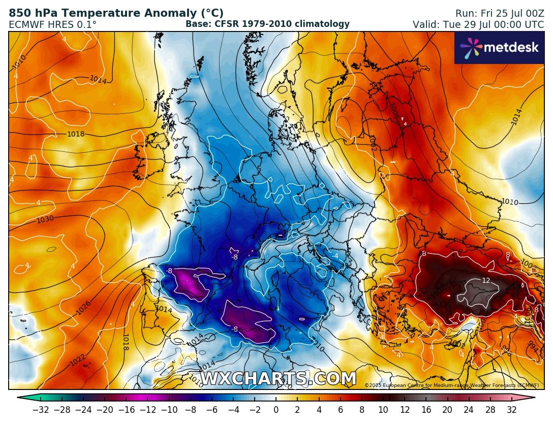 Dedicato all’ANALISI dello STORICO BREAK FREDDO
di LUGLIO, iper ANOMALO, scompare l’ESTATE in K.O.
Ancora nostre vetuste INFOS METEO ed intuizioni,
che vengono VALIDATE, al posto poi dell’ESTATE
ad OLTRANZA e da RECORD rovente, che veniva imposta –
Proponiamo un CLOMOROSO CAROSELLO Deterministico
by ECMWF Europeo, dove si delinea un TRACOLLO quasi
incredibile dell’ESTATE 2025, dello stesso avviso e’
anche il pensiero by GFS Americano…