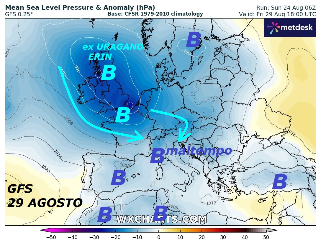 Dedicato alla DIAGNOSI della ROTTA
del FREDDO dell’ex URAGANO ERIN, che manda
ancora in un mega BREAK ANOMALO e STORICO
il mese di AGOSTO e con l’ESTATE ancora troppo in K.O.
Proponiamo questo nostro ultimo ESAGONO fisico
numerico, dove potete percepire i SENTIERI
di MADRE NATURA, su cui si dirige questo nuovo
EVENTO FREDDO dell’URAGANO EIRE, che diventera’
un CICLONE MEDITERRANEO di indole sub TROPICALE,
quindi molto TEMIBILE, con grave MALTEMPO come un MEDICANE…