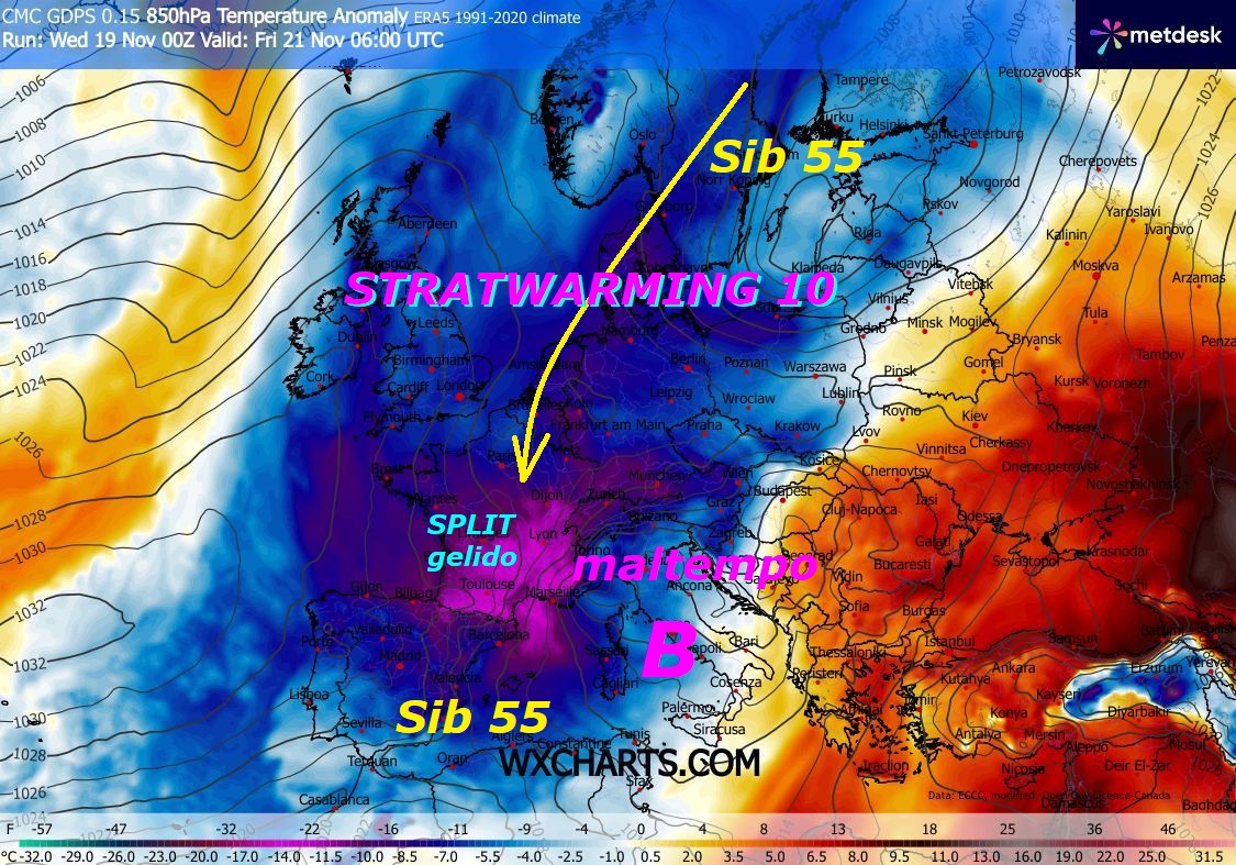 Dedicato all’ANALISI del nuovo EVENTO puntuale,
ancora sull’ITALIA, con SIB 55 e da STRATWARMING 10,
tracolliamo in INVERNO PRECOCE, con FREDDO, MALTEMPO,
GELATE, NEVICATE ingenti, possibili anche in PIANURA
e TEMPO da LUPI, tutto come da nostre INFOS METEO
e MODELLI, che vi abbiamo presentato da una Decade…
Riguardateli, saranno molto utili per carpire
le rotte e le opere di MADRE NATURA, ecco ancora gli
effetti dello STRATWARMING 10, anche sull’ITALIA –
Al suo seguito si delinea una RAFFICA di un nuovo
SIB 56, sempre da Oriente, che VALIDA ancora, come
esista proprio una storica FALLA ad EST, che abbiamo
assaporato anche in AGOSTO, con ben 2 BREAKs ANOMALI,
che avevano danneggiato anche l’Estate