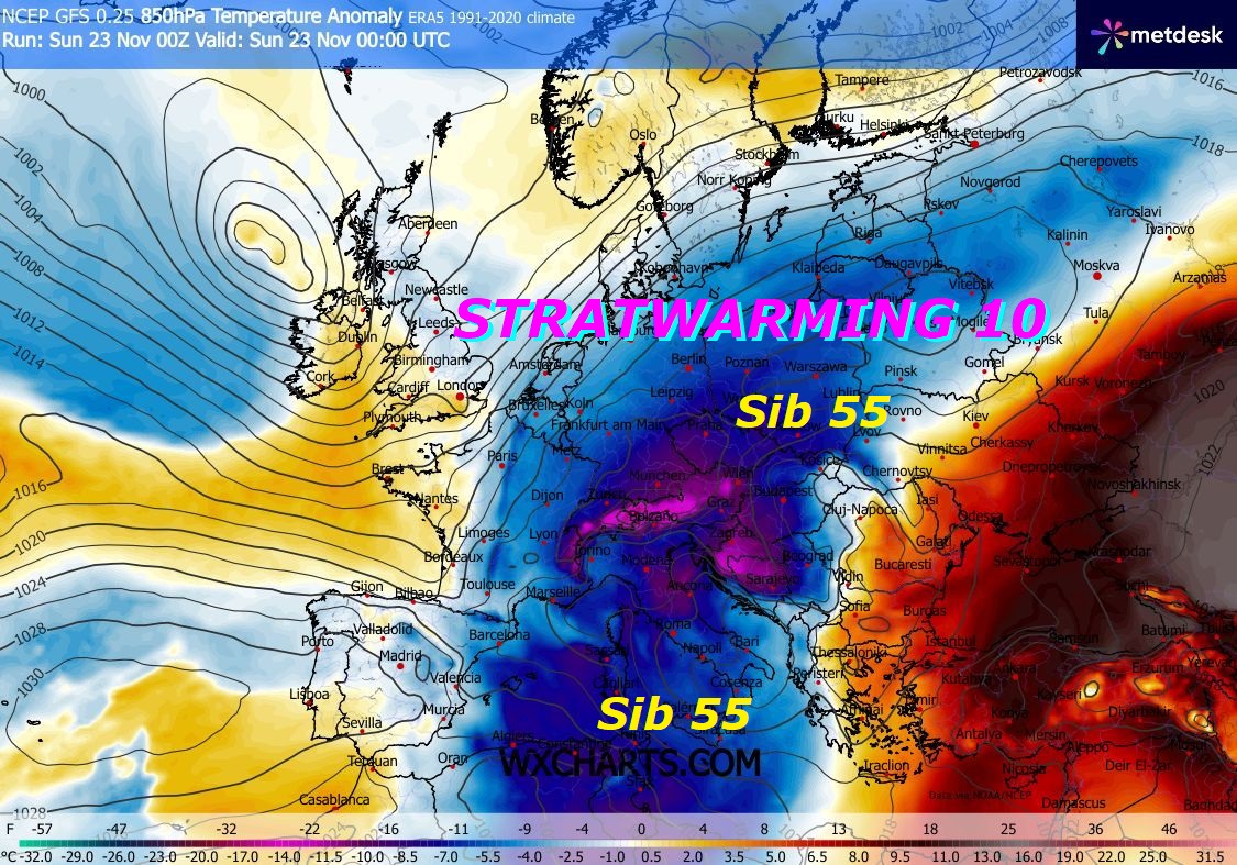 Dedicato all’ANALISI del TREND mega
ANOMALO e FREDDO di NOVEMBRE, con troppo
MALTEMPO, PIOGGE ingenti, NEVICATE cospicue
sulle ALPI ed anche sull’APPENNINO, con
TEMPO da LUPI molto diffuso…
Ancora nostre precoci NEWS METEO piu’ che
VALIDATE, si accresce il numero di IMPULSI
FREDDI, che danno l’ASSALTO all’ITALIA,
infatti diventano una TRIADE,
oltre al TANDEM SIB 55 e SIB 56 da EST, si inserisce
anche un nuovo CAN 116 da Ovest, con anche DICEMBRE, 
che slitta ancora nel MALTEMPO…
Diciamo che MADRE NATURA e’ persino
troppo decisa a mostrare le sue continue Opere,
con lo STRATWARMING 10, in ATTO, che con il VORTICE 
POLARE DEBOLE e MALATO, sono gli assoluti PROTAGONISTI
di tutto questo CAOS stagionale e meteorologico