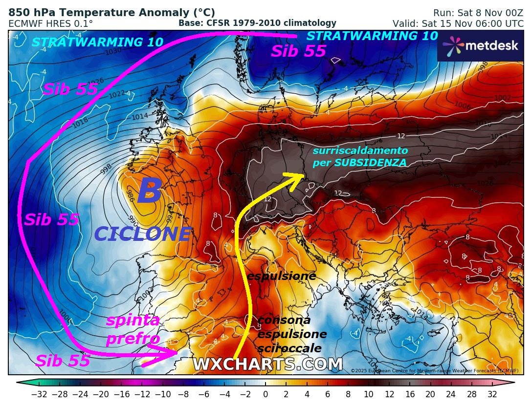 Dedicato all’ANALISI della VERA METEO
ed all’IMPORTANZA fondamentale e prioritaria
del FREDDO, che causa tutti gli EVENTI,
comprese le ESPULSIONI di sub TROPICALE dal
suo HABITAT…
Ecco l’effetto STRATWARMING 10, che comincia a
destalizzare il VORTICE POLARE, cosa
potrebbe combinare dal giorno 15 NOVEMBRE,
una nuova COLATA retrograda del SIB 55 da EST, dal LOBO
SIBERIANO, che ruota ancora ad Ovest, si
genera un CICLONE e ruotando, con la sua SPINTA
PREFRONTALE e CICLONICA, scaraventa fuori
dal suo tessuto intimo, del sub TROPICALE e
lo spedisce verso l’ITALIA ed EUROPA