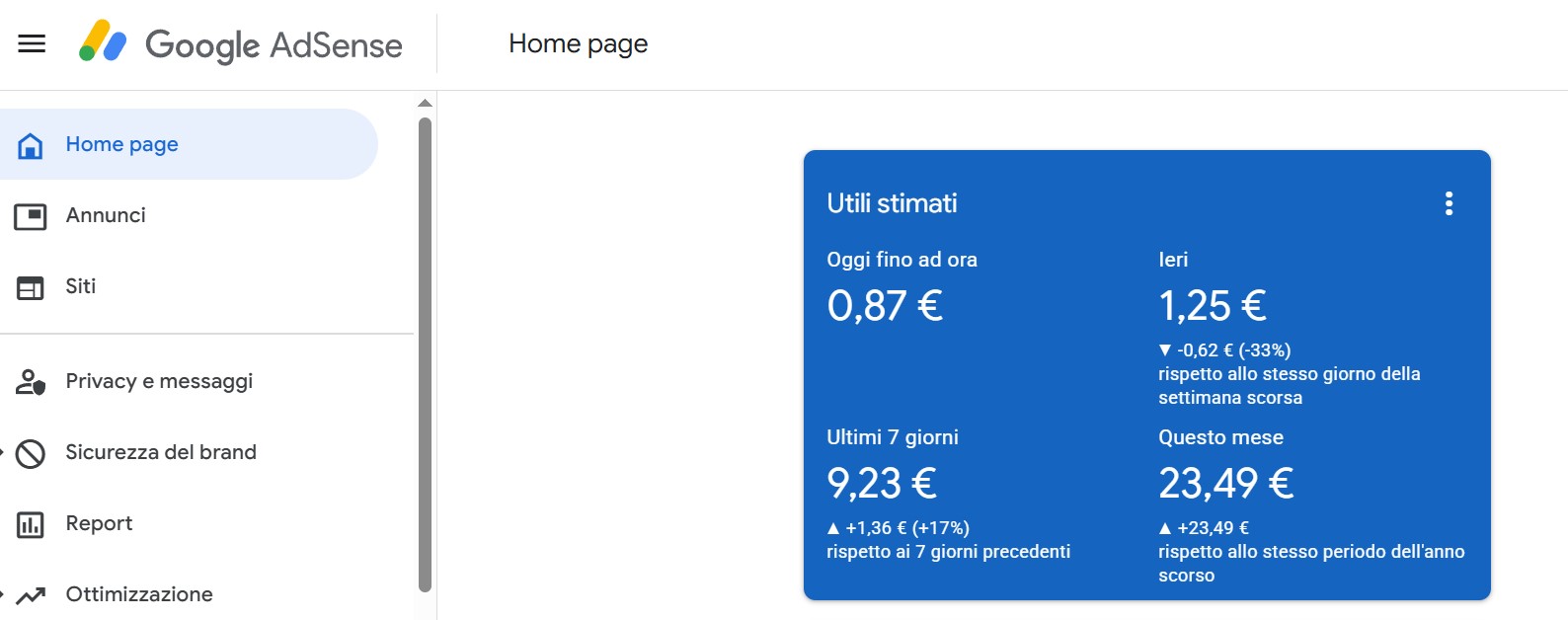 Dedicato all’INFO METEO ed al nostro SITO WEB,
questo e’ quanto ci permette di guadagnare
il Social con ADSENSE, sul nostro sito WEB…
Non ci ricaviamo nemmeno i soldi della corrente,
poco di piu’ di 1 euro al giorno,
ovvero quanto si da ad un disoccupato, che
ci porta il carello della SPESA…
Con i suoi fltraggi e’ riuscito a fare questo,
va da se’, che NON e’ possibile continuare
SOLO con questo ricavo, malgrado le OTTIME previsioni,
per questo motivo, spediremo moltissini POST
sulla NEWSLETTER soltanto , a cui vi invitiamo di
iscrivervi al prima possibile…
QUI sul Social proprio NON meritano i nostri POST unici, con
i migliori MODELLI, per loro, i meriti si basano su altri binari –
Ci sembra persino VERGOGNOSO ricevere queste elemosine
TNX per la lettura