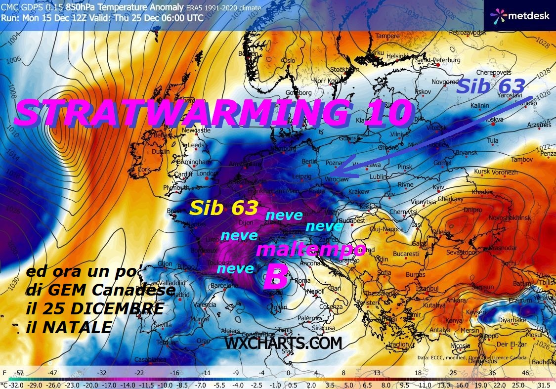 Dedicato all’ANALISI di come viene visto il NATALE by GEM Canadese,
che e’ sempre stato uno dei nostri FAVORITI, per la sua lungimiranza e coerenza…
Avremo proprio un nuovo SIB 63 di estrazione dalla FALLA persistente ad EST, un altro MISTERO di MADRE NATURA, malgrado il grado in piu’ al Suolo, succede ancora questo, una causa fondamentale ne e’ il precoce STRATWARMING 10, che anche quest’anno abbiamo l’onore di studiare e spiegare nelle Case –
Con il proseguo del DUAL FREDDO con altro SIB 64, nei successivi giorni, viviamo momenti Storici per il mega CAOS su di noi e per il precoce STRATWARMING 10, puntuale ed in ATTO, nella nostra STRATOSFERA, da cui poi derivano le PIEGHE GELIDE della TROPAUSA, che causano anche questo nuovo EVENTO