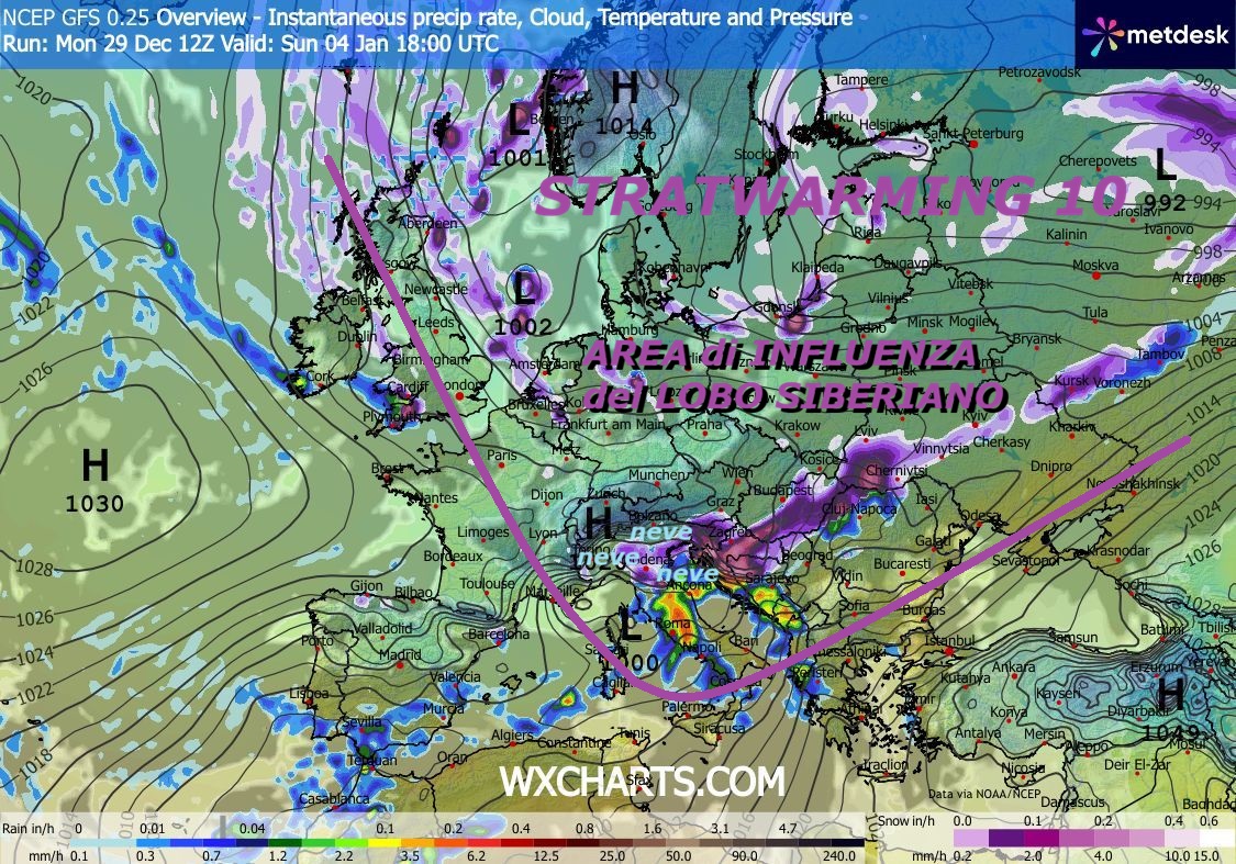 Dedicato all’ANALISI del nuovo ASSALTO
del SIB 1, dal Giorno 2 GENNAIO verso l’ITALIA…
Ancora uno SPLIT GELIDO da EST, ancora effetti
dello STRATWARMING 10 on AIR, va studiato –
Osservate dapprima, il DUAL di MODELLI deterministici,
con le ANOMALIE ISOBARICHE sul livello del MARE,
dicono gia’ TUTTO da sole, le conoscete oramai
da una Decade, imparate a conoscerle, sono FONDAMENTALI –
Percepite come dal 2 GENNAIO, lo STRATWARMING 10
sia il REGISTA della vasta AREA di INFLUENZA del
LOBO SIBERIANO verso l’ITALIA, con indice VIOLETTO e
con tanto di SIB 1, dalla FALLA perdurante ad EST –
Andremo sotto imponente MALTEMPO, mega NEVICATE,
PIOGGE ingenti, ma NON finisce QUI…
Osservate, ci sono possibili SORPRESE di NEVICATE
anche in PIANURA PADANA, ancora nostre vetuste
INFOS METEO, vengono VALIDATE, en plein,
ma al solito, ora ne diventano PIONIERI ben altri,
mentre noi magari passiamo in PENOMBRA –
Anche i meno esperti, capiscono da questi MODELLI e queste
DINAMICHE, che queste sono TUTTE opere di MADRE NATURA,
andiamo in INVERNO TOSTO e super DINAMICO
buona visione