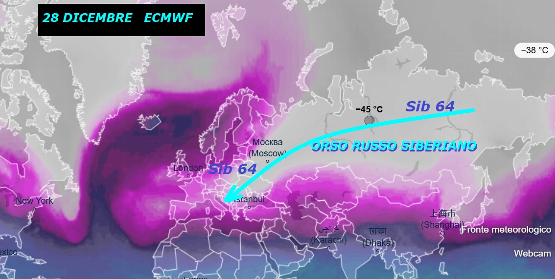 Dedicato al VORTICE POLARE stravolto
ed ai MISTERI di MADRE NATURA,
possibile una ZAMPATA di ORSO RUSSO SIBERIANO
con SIB 64,
che colpisce la SPONDA Adriatica il 28 DICEMBRE…
Una importante NEWS, che afferma, il FREDDO
ed il GELO esistono e persino troppo,
questa riteniamo, che sarebbe una INFO METEO,
che andrebbe inserita anche in TV –
Questo l’ultimo pensiero by ECMWF Europeo,
una vera CHICCA, con un vero AUSPICIO, che
l’INVERNO e’ molto TOSTO e DINAMICO,
la causa e’ da imputare anche allo STRATWARMING 10 –
TUTTO questo ci afferma anche, che siamo
proprio in RECORD di accumuli di NEVE e GELO
nell’EMISFERO NORD, come deja’ dit