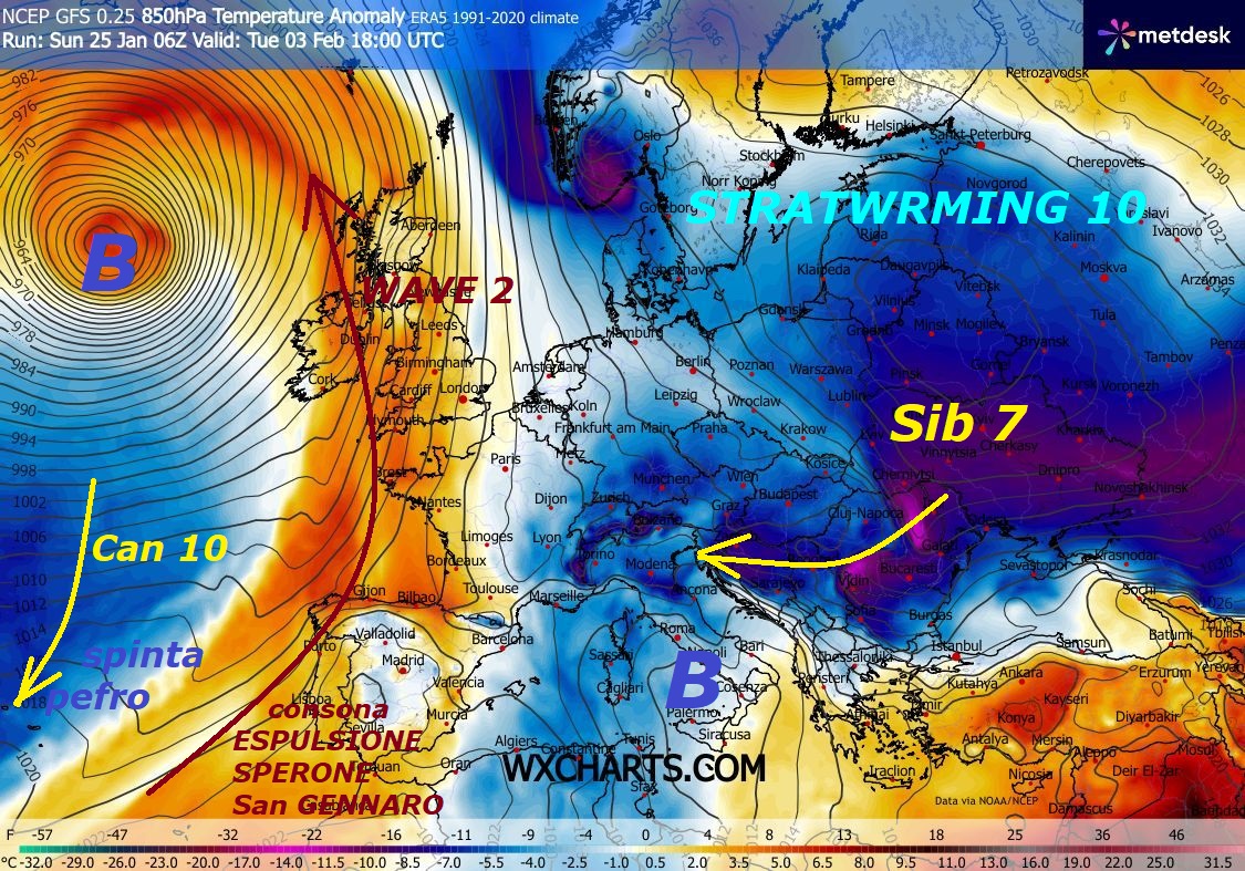 Dedicato al FREDDO ad EST e al VORTICE POLARE,
occhi puntati al nuovo SIB 7, che molto
probabilmente ci sara’ dal 1 FEBBRAIO…
Ma ve lo abbiamo gia’ delineato su POST
precedenti, ecco l’IMPORTANZA stategica di
studiare il FREDDO in modo PRECOCE –
Ma ci accorgiamo, che esitono diverse
persone RIBALTONE, che sono poi dipendenti
da siti, che hanno formato una vera CONGREGA,
per esaltare e tutelare SOLO il grado in piu’ –
In diversi NON si sono ancora accorti, che
tutti gli IMPULSI del FREDDO e degli Eventi
associati, vengono studiati, in primis, SOLO sul
nostro Sito, che poi fara’ da FARO agli altri –
Purtroppo altrove, NON si mostrano con
grafiche specifiche, l’IMPORTANZA delle SPINTE
PREFRONTALI, nel creare le consone ESPULSIONI
dello SPERONE SAN GENNARO e delle SCIROCCATE…
NON si spiega cosa realmente sia lo STRATWARMING 10,
in molti pensano che esso esista SOLO se arriva
un NUCLEO GELIDO a -50 C sulla nostra TESTA,
altri pensano che le PIEGHE GELIDE della TROPOPAUSA,
siano nostre leggende, come altre cose, che presentiamo
soltanto noi…