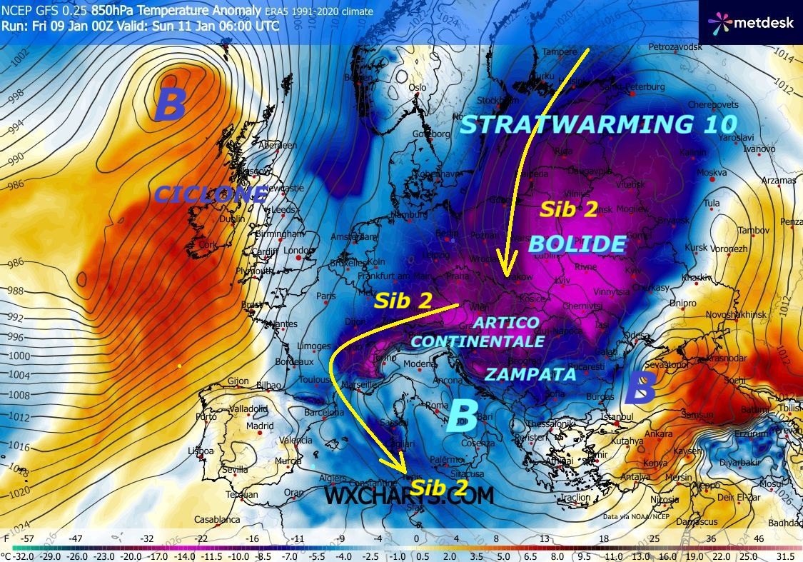 Dedicato al RESUME’ del nuovo BOLIDE
del SIB 2, con uno SPLIT ARTICO CONTINENTALE
dalla FALLA ad EST, che assalta anche l’ITALIA…
La GRANDEUR di MADRE NATURA e’ al di sopra 
di tutti, eccola ancora con noi, meno male –
Persevera l’INVERNO TOSTO e LONGEVO, viviamo
momenti veramente epocali, con un CAOS nel
VORTICE POLARE veramente inaudito ed incredibile –
Queste sono ancora nostre vetuste INFOS METEO,
che sono VALIDATE da tutti i Centri di calcolo
numerico, ecco un ultimo ESAGONO deterministico
con la nuova ZAMPATA da EST del SIB 2 –
Ancora un nuovo effetto dello STRATWARMING 10,
che in modo PRECOCE, da Ottobre, scombussola
e fa ESPLODERE in continuo il POLO NORD, regalandoci,
COLATE, SPLIT, NUCLEI e PEZZI di POLO
alla deriva sull’EUROPA, ITALIA, NORD AFRICA –
Questo INVERNO sta inserendosi con un altro
nuovo RECORD degli Accumuli della NEVE e GELO
persistente al suolo, l’EST e’ SURGELATO persino troppo