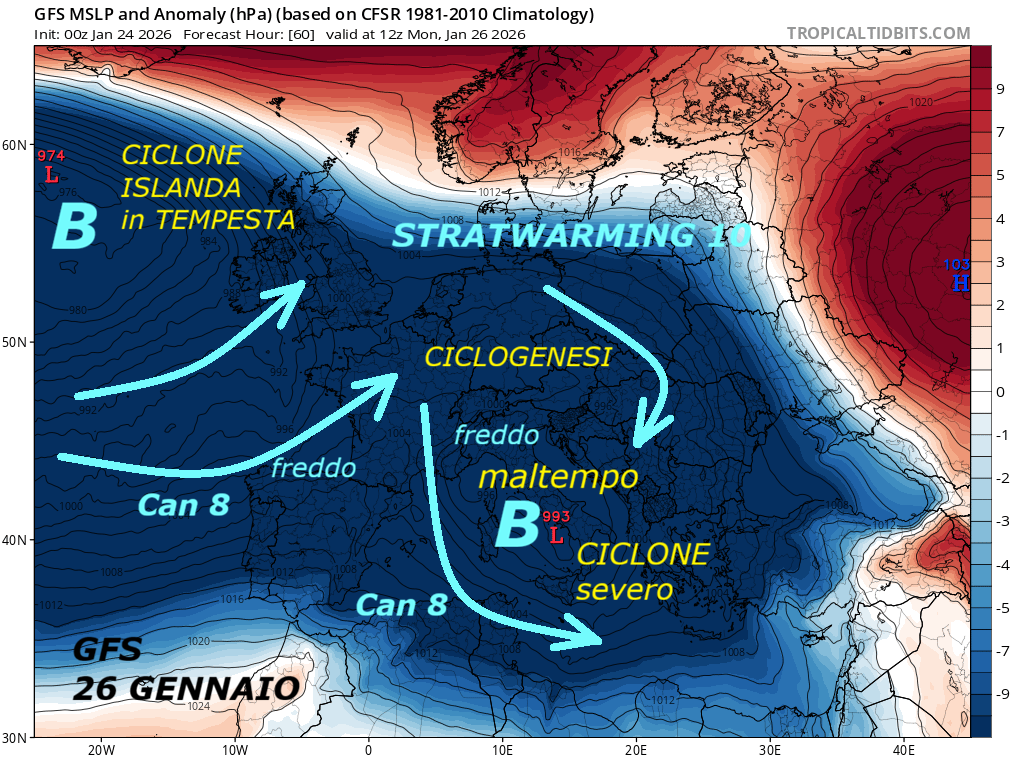 Dedicato al TREND altamente INVERNALE
di GENNAIO, con una RAFFICA STORICA
di IMPULSI di FREDDO, con PERTURBAZIONI intense,
che ci assaltano in una fase mega LONGEVA…
La causa di TUTTO questo e’ lo STRATWARMING 10,
anche quest’Anno si cerca di nasconderlo,
invece e’ da OTTOBRE, che devasta il VORTICE POLARE,
ne conoscete tutti i dettagli, ha prodotto
RECORD di INVERNI, di GELO, di accumuli di NEVE
su tutto l’EMISFERO NORD, una cosa molto ECLATANTE,
che succeda tutto questo, malgrado il grado in piu’
al Suolo, sono cose che vanno evidenziate –
Osservate che STANGATA con FREDDO a RAFFICA, che
colpisce anche l’ITALIA, nei primi 3 MODELLI
alcuni momenti piu’ TOPICI, delle ISOTERME ISOBARICHE
della PRESSIONE sul livello del MARE, le conoscete
da oltre un settimana, ma le riportiamo ancora,
perché sono gli esclusivi INDICATORI di quanto
sta ancora succedendo sull’ ITALIA…
Poi seguono ben 10 MODELLI deterministici, con
la PRESSIONE a 500 hPa di geopotenziale