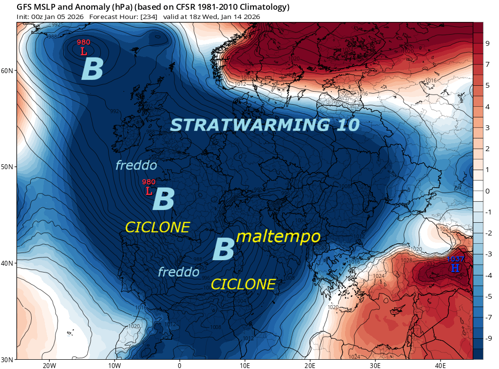 Dedicato all’ANALISI del SIB 2, che ci sara’,
a PEGGIORARE ed AGGRAVARE il TREND del SIB 1…
Proponiamo l’ultimo GFS Americano, che si pone in
completa SINTONIA, con nostre INFOS METEO ed
anteprime, confortate by GEM Canadese ed anche ECMWF –
Anche dopo il 10 GENNAIO, abbiamo a che vedere
con INVERNO e MALTEMPO, una fase molto BALORDA –
Diciamo ancora, che con lo START del SIB 1,
avremo, MALTEMPO, PIOGGE ingenti, NEVICATE
cospicue, sia su ALPI ed APPENNINI, con
possibili SORPRESE di NEVICATE in PIANURA…
Ma NON finisce QUI, vi informiamo, sempre
con enorme anticipo, che dal 12 GENNAIO,
l’ITALIA sprofonda in iper MALTEMPO