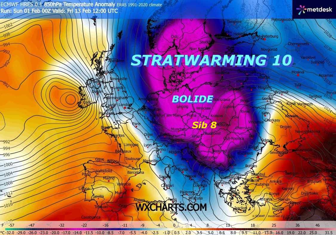 Dedicato al VORTICE POLARE ed alle opere
di MADRE NATURA, il nuovo BOLIDE del SIB 8 dalla 
perseverante FALLA ad EST, probabilmente ci sara’…
Ancora la REGIA del precoce STRATWARMING 10,
ora anche di tipo MAJOR, che da OTTOBRE
impera su di noi, sara’ un ennesimo BOLIDE,
ne abbiamo perso la conta, questi sono gli
EVENTI strepitosi, che vanno studiati e
seguiti in modo PRECOCE, anche per la PREVENZIONE –
Mentre si VALIDA ancora un eccezionale INVERNO
da RECORD nell’EMISFERO NORD, anche con RECORD
in assoluto di NEVICATE e GELO presenti al suolo,
assieme poi anche al NORD AMERICA –
Sono molti giorni, che ECMWF delinea il nuovo SIB 8,
bisogna seguire al meglio, le EVOLUZIONI di
questo nuovo colossale EVENTO del GELO da EST
e dall’ORSO RUSSO SIBERIANO –
Noi siamo QUI proprio per questo, dobbiamo studiare
quanto l’ITALIA ne sara’ coinvolta, questi sono
gli EVENTI RARI ed eclatanti per un Paese come
l’ITALIA, schiavo dei sub TROPICALI di sotto Casa
e dello SPERONE di SAN GENNARO zonale o WAVE 2,
MAI visti cosi tanti BOLIDI, hanno SURGELATO anche l’EST