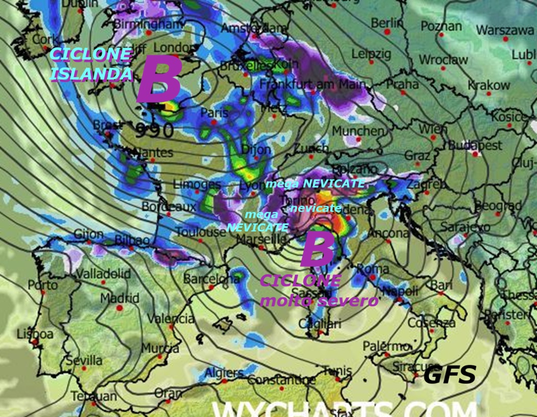 Dedicato al RESUME’ del nuovo EVENTO
del FREDDO, con mega MALTEMPO, NEVICATE,
PIOGGE diluviane, forse NUBIFRAGI, CICLONE
severo, CICLOGENESI, sono tutti fenomeni di
MADRE NATURA, associati al FREDDO in quota….
Li conoscete gia’ alla perfezione, anche con
i precedenti POST, osservate l’IMPORTANZA del CICLONE d’ISLANDA
e della COLATA del CAN 14, con SPINTA PREFRONTALE
ad Ovest, genera l’ESPULSIONE ancora del
consono SPERONE Azzorriano e NON Africano,
di SAN GENNARO o WAVE 2, che ci regola e
modula il FREDDO ed il GELO da EST, verso l’ITALIA –
Sono necessarie le PIEGHE GELIDE della TROPOPAUSA,
per conoscere le REALI dinamiche del FREDDO,
che e’ il regista, con Madre Natura, di tutti gli
EVENTI, che di troppo subiamo…
Guardando queste PIEGHE, possiamo capire al meglio,
quello che avviene sopra la nostra TESTA,
guardate quanto GELO e FREDDO esistono nel nostro
EMISFERO, ma viene volentieri snobbato,
noi dipendiamo dal sub TROPICALE
di sotto casa, ci galleggiamo sopra –
Nel primo MODELLO matematico, ecco come viene
interpretata, anche la possibile NEVE in PIANURA, al 19 FEBBRAIO,
questo e’ soltanto lo START del MALTEMPO, che arrivera’ sino al SUD,
in rilievo risulta il NORD OVEST, ma decidera’
ancora l’opera di MADRE NATURA, se Nevichera’ e dove