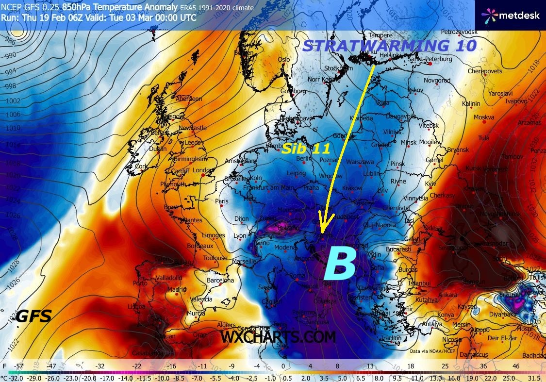 Dedicato all’ANALISI deterministica,
che l’INVERNO proprio NON e’ FINITO per NULLA…
Infatti anche ECMWF Europeo dal 27 FEBBRAIO, delinea
un ingente nuovo Deflusso del FREDDO, che
scaraventa l’ITALIA in INVERNO TOSTO e
LONGEVO, che approda anche in MARZO –
Questa volta si delinea un nuovo SIB 11, con
una TRAIETTORIA favorevole a colpire l’ITALIA,
come abbiamo detto, anche quest’Anno la
PRIMAVERA e’ a RISCHIO e potrebbe diventare
una nuova NON PERVENUTA, sarebbe la quinta di FILA –
La causa ancora lo STRATWARMING 10, che rende
le Stagioni ANOMALE e BALORDE, va studiato e mostrato
