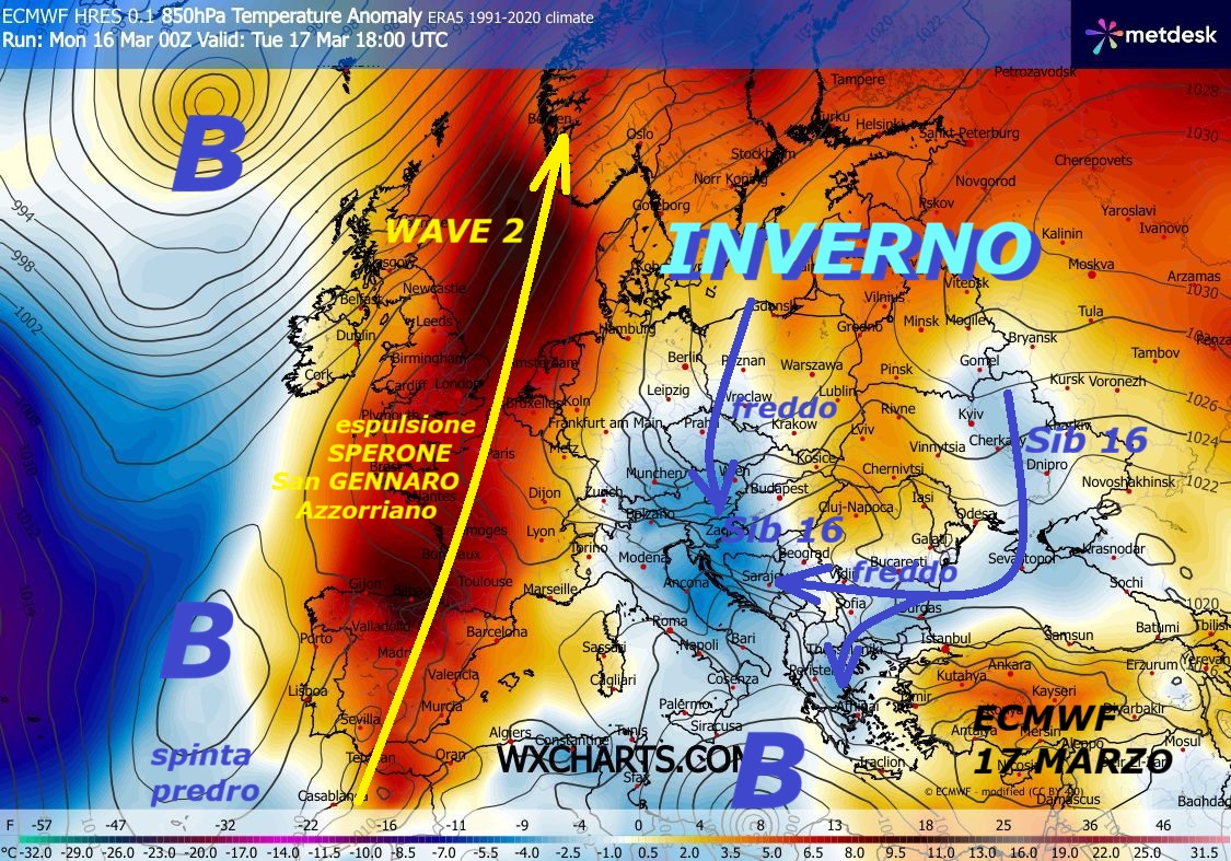Dedicato all’ANALISI del TREND NEGATIVO
ed ANOMALO, con cui da domani, ritorniamo
in INVERNO, all’OPPOSTO della PRIMAVERA Africana…
Questo l’ultimo pensiero by ECMWF Europeo, con
il flusso del FREDDO del SIB 16, ancora da EST