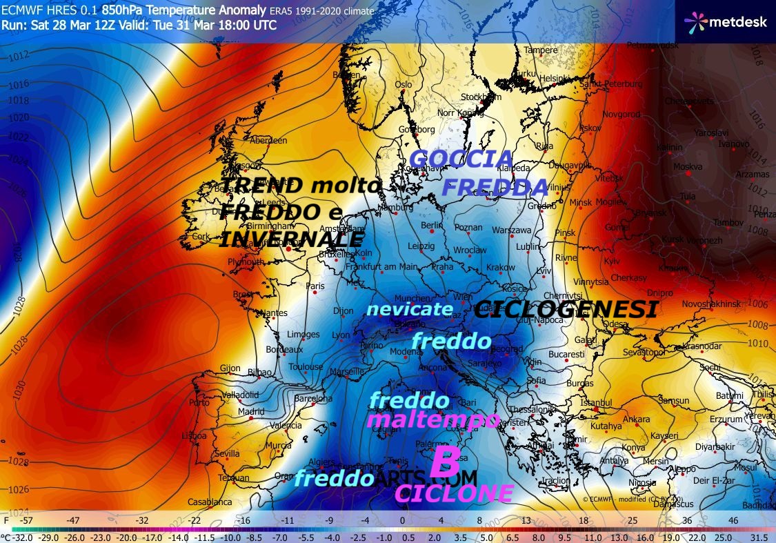Dedicato al TREND FREDDO, ANOMALO e BALORDO,
altamente INVERNALE in cui sprofondiamo…
Anche l’ultimo ECMWF Europeo, NON fa altro,
che VALIDARE nostre vetuste INFOS METEO, che conoscete
da ben oltre una Decade – Sull’ITALIA abbiamo
ANOMALO e TOSTO INVERNO, ancora effetti 
di un VORTICE POLARE troppo disastrato e MALATO,
con troppe PIEGHE GELIDE della TROPOPAUSA a zonzo
nell’EMISFERO NORD, troppi SPLIT GELIDI, troppe
COLATE, troppe opere di Madre Natura, prevale
la REGIA dello STRATWARMING, anche quest’Anno –
Anche la PRIMAVERA 2026 rischia di diventare una
NON PERVENTUA, sarebbe la quinta o sesta di FILA…
In arrivo persino una ingente GOCCIA FREDDA,
con sua CICLOGENESI gravosa, FREDDO, mega MALTEMPO,
PIOGGE cospicue, CICLONI molto severi, nuove NEVICATE
anche al CENTRO e SUD e con quote a meta’ COLLINA, anche oggi
super NEVICATE in SICILIA persino,
siamo nelle mani di un TREND INVERNALE, che abbiamo
ancora previsto soltanto sul nostro Sito, da molto TEMPO,
che indica, il FREDDO ed il POLO NORD esistono,
persino troppo e vanno mostrati in prima pagina