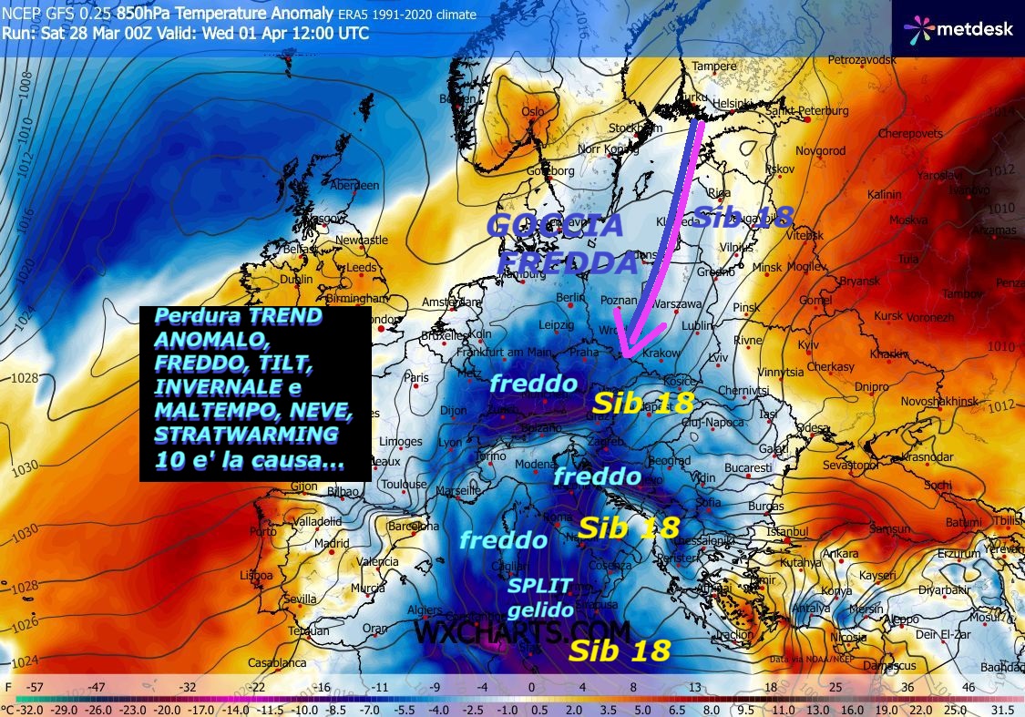 Dedicato al TREND altamente INVERNALE,
ancora ANOMALO e BALORDO, in cui sprofonda
l’ITALIA, all’opposto di HP Africana esuberante…
Proponiamo questa ultima SETTIMINA fisico numerica,
che VALIDA, ancora en plein, la RAFFICA del DUAL
SIB 17 e SIB 18 anche sull’ITALIA, con il VORTICE
POLARE super DINAMICO, ma disastrato e MALATO,
che crea troppe COLATE e PEZZI di POLO NORD, alla
esuberante DERIVA nell’EMISFERO NORD, prevalgono
ancora i SENTIERI del FREDDO di MADRE NATURA ed
i suoi MISTERI, sopra gli uomini, perche’ succeda
ancora questo, questa la domanda che si pone la gente –
Noi ve la stiamo spiegando da diverso Tempo,
chi la vuole capire, meglio vivra’, altri
stiano nel BUIO e nelle leggende –
Osservate come anche il LOBO SIBERIANO sia sempre
attivo, oltre che quello Canadese, il VP proprio
NON ne puo’ piu’, siamo in momenti STORICI, 
il NORD AFRICA oramai e’ divenuto succube
in modo DIRETTO, del POLO NORD, con continui SPLIT
Gelidi ed ANOMALIE NEGATIVE, da Stagioni, ma NON se ne 
sente parlare, strano davvero anche questo, oramai la
NEVE e’ di casa anche in Africa, proprio 

il CAOS del VP e’ alle stelle, nel proseguo avremo
ancora grosso MALTEMPO, vaste CICLOGENESI, PIOGGE
ingenti, NUBIFRAGI, CICLONI severi, cospicue
NEVICATE dalle ALPI sino all’APPENNINO e ancora
TEMPO da LUPI oramai di CASA in ITALIA e molto violento –
Avremo anche la formulazione di una estesa
nuova GOCCIA FREDDA, osservatela in questi MODELLI,
siamo sotto continue ANOMALIE meteorologiche
e di TREND climatico, di cui ne sapete i motivi
leggendo il nostro Sito con Modelli ufficiali giornalieri
e spiegati, con buone dinamiche di Madre Natura
buona visione