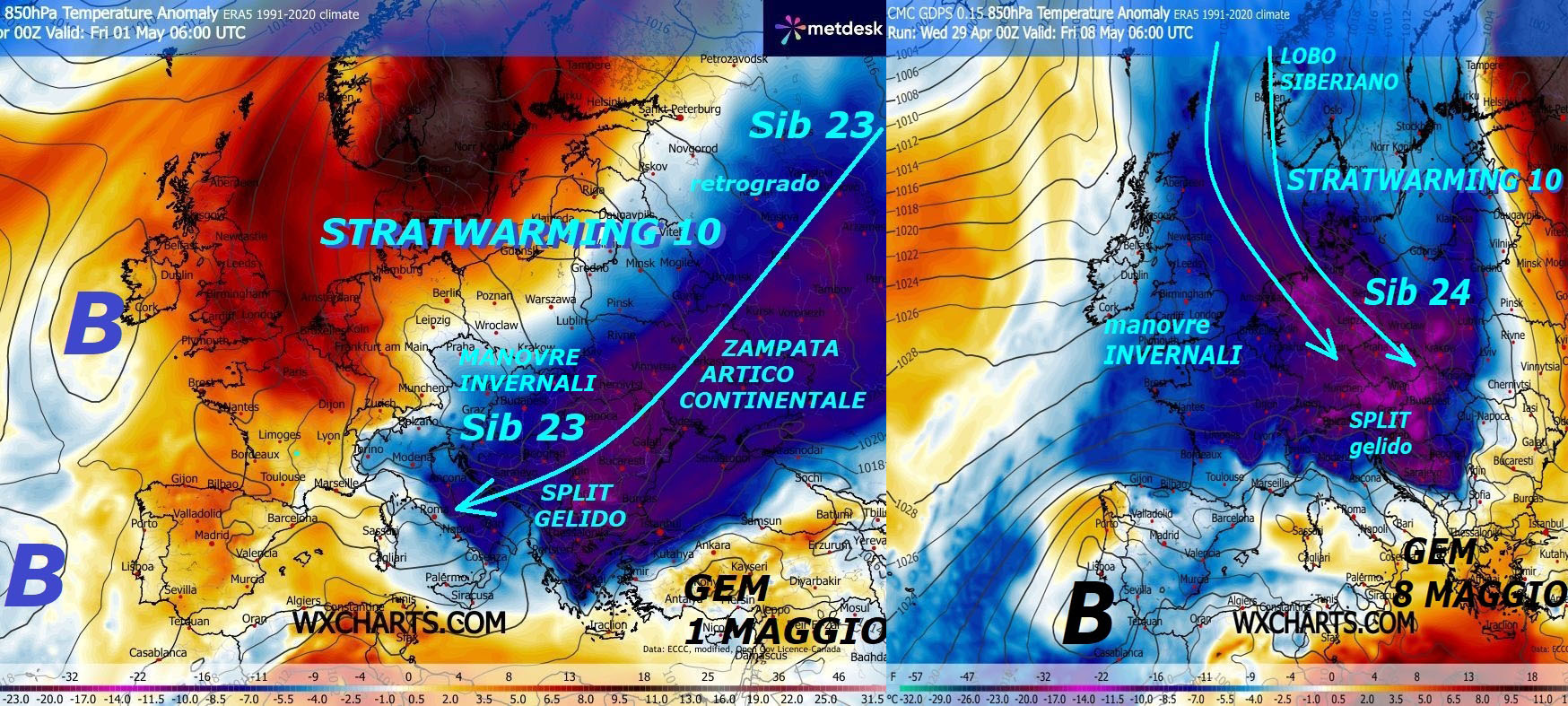 Dedicato all’ANALISI della iper ANOMALA
ZAMPATA del SIB 23, con matrice ARTICO CONTINENTALE
dalla persistente FALLA ad EST…
Che piomba incredibilmente anche sull’ITALIA,
proprio nel CUORE della PRIMAVERA, a causa
di un VORTICE POLARE mega MALATO e DEBOLE,
per lo STRATWARMING 10 nella sua fase FINALE –
Ma NON finisce QUI, poiche’ nel mese di MAGGIO
si intravede dal giorno 7, un’altro possibile
nuovo SIB 24, dare di nuovo l’ASSALTO verso
l’ITALIA dal LOBO SIBERIANO, questo l’ultimo
pensiero anche by GEM Canadese, che e’ un grande
SPECIALISTA nelle Dinamiche del FREDDO –
Anche questa PRIMAVERA 2026 quindi, tende a diventare
una NON PERVENUTA, questa sarebbe poi la SETTIMA di fila –
Vale bene ricordare, che viviamo proprio
momenti STORICI, dove il VORTICE POLARE e’ proprio
un grande PROTAGONISTA, di quanto avviene, mentre
il FREDDO e’ persino troppo ESISTENTE e DINAMICO,
ad EST abbiamo INVERNO ancora con NEVE e GELO,
ma anche ad Ovest, in NORD AMERICA, abbiamo
un’altra imponente ONDATA GELIDA,
di piu’ MADRE NATURA proprio NON potrebbe fare,
per mostrare alla gente, che e’ lei che regna…