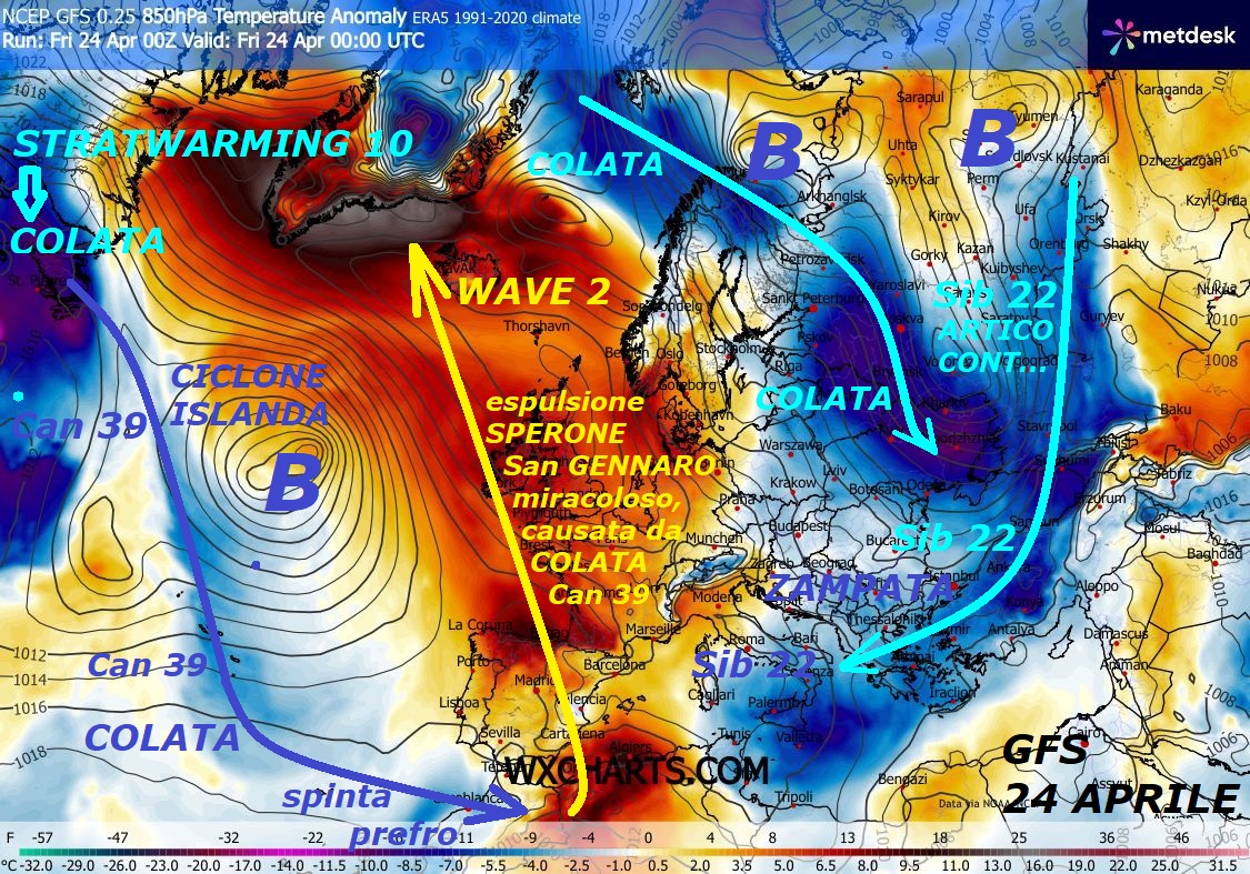 apr 24, 2026

Dedicato all’ANALISI della VERA METEO

e delle sue REALI DINAMICHE, dove il FREDDO

e’ sempre l’elemento PRIORITARIO e FONDAMENTALE

del Tempo che fa, comprese le ESPULSIONI sub Tropicali…

Pensiamo che dovremo tralasciare la pubblicazione

di vistosi CAROSELLI Deterministici, ma curare

di piu’ quello, che avviene day by day, perche’

troppe COSE vengono oscurate, altre forse NON NOTE,

questo quanto accade su di noi, per Oggi 24 APRILE,

denotate nell’EMISFERO NORD quante COLATE, mentre

da EST abbiamo la ZAMPATA retrograda del SIB 22,

che colpisce ancora l’ITALIA…