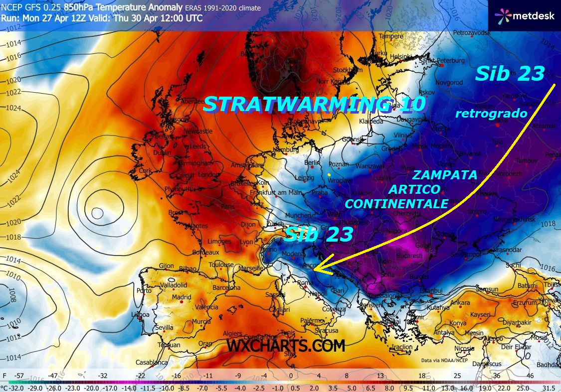 Dedicato alla super ANOMALA ZAMPATA SIB 23
di ARTICO CONTINENTALE, che piomba per il 1 MAGGIO
anche sull’ITALIA, dalla perseverante FALLA ad EST…
Queste sono le mega ANOMALIE eclatanti e RARE,
per un Paese come l’ITALIA,che galleggia sulla
PIATTAFORMA CONTINENTALE di espansione del SAHARA,
la piu’ grande FABBRICA del CALDO sulla Terra,
schiava e serva ad Ovest, anche delle espulsioni dello SPERONE
Azzorriano di SAN GENNARO miracoloso o scientificamente WAVE 2 –
Ancora nostre INFOS METEO di ben oltre una
DECADE, che sono VALIDATE da tutti i principali
Centri di calcolo numerico…
Una ZAMPATA con estrazione di ARTICO CONTINENTALE, anche
molto GELIDO, per essere in MAGGIO, una manovra
squisitamente INVERNALE, con la REGIA indiscussa,
del perseverante STRATWARMING 10 adesso nella
sua fase FINALE, queste sono ancora le opere
strabilianti di MADRE NATURA, che vengono svilite
o snobbate, purtroppo si raccontano molte bugie
e leggende, che il FREDDO e l’EST ed il VORTICE
POLARE sono inesistenti…