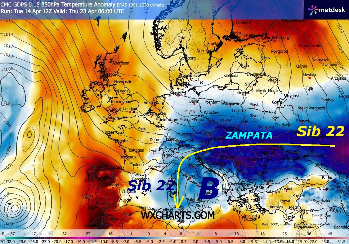 Dedicato alla SENSAZIONALE ZAMPATA,
ancora dalla FALLA ad EST, con il SIB 20,
che va all’ASSALTO da EST, con manovra
super INVERNALE e suo contenuto ARTICO CONTINENTALE…
Questo e’ GEM Canadese in piena SINTONIA dinamica,
con il precedente ECMWF, quindi il nuovo SIB 20,
avra’ molto probabilmente questa ROTTA –
Ha dello STORICO vedere l’EST e l’Oriente,
ancora cosi ATTIVI, con lo SPERONE di SAN GENNARO miracoloso
o WAVE 2, che finalmente va in completo KO –
Questo dice a CHI la vuole capire, che l’INVERNO
perdura anche a queste Date, di cui vi abbiamo
parlato ampiemente ed avviene anche all’ESTERO,
sia ad Ovest, che ad Est, sono ancora i MISTERI
di MADRE NATURA, che malgrado il grado in
piu’ al Suolo, in quota fa quello che le PARE e PIACE,
ripetendo ancora, che bisogna recepire al MAX
questi segnali PREMONITORI, che soltanto noi
cerchiamo di spiegare e dargli un dovuto significato…
Ancora una ZAMPATA da EST, a queste Date,
il suo START dal 19 APRILE, con 
ARTICO CONTINENTALE ben retrogrado, altro fatto STORICO,
ma verra’ avvilito e reso, come NORMALE al solito