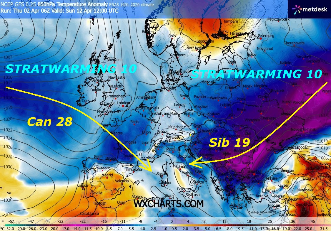 Dedicato proprio alla GRANDEUR di MADRE NATURA,
poco NOTA ed ai suoi perenni MISTERI, che cerchiamo di scoprire…
Proponiamo questo nostro ultimo POKER fisico numerico
by GFS Americano, che ci lascia ancora STUPEFATTI,
dal 9 APRILE un nuovo imponente Deflusso da Oriente, con SIB 19, 
con matrice dalla perseverante FALLA ad EST, studiata
e validata soltanto sul nostro Sito, da molto Tempo –
Siamo proprio in un perido STORICO, anche per l’ITALIA,
questi sono EVENTI mega ECLATANTI, che ci fanno
ponderare quanto ANOMALO e BALORDO sia il TREND, che
ancora persiste sull’ITALIA, proprio MAI viste
cose simili e perduranti – Anche in APRILE avremo
a che vedere di nuovo con l’EST, la PRIMAVERA 2026
ancora ad alto RISCHIO, di diventare una NON PERVENUTA,
sarebbe la sesta di FILA –
Ecco come l’epocale CAOS, che persiste nell’EMISFERO NORD, ha 
origine da un VORTICE POLARE tremendamente ANOMALO e MALATO,
il POLO NORD va messo sotto diagnosi, perde di continuo
troppi PEZZI GELIDI e COLATE, in modo incredibile, una
delle maggiori cause di sicuro e’ lo STRATWARMING 10,
che lo ha demolito completamente da NOVEMBRE…
buona visione