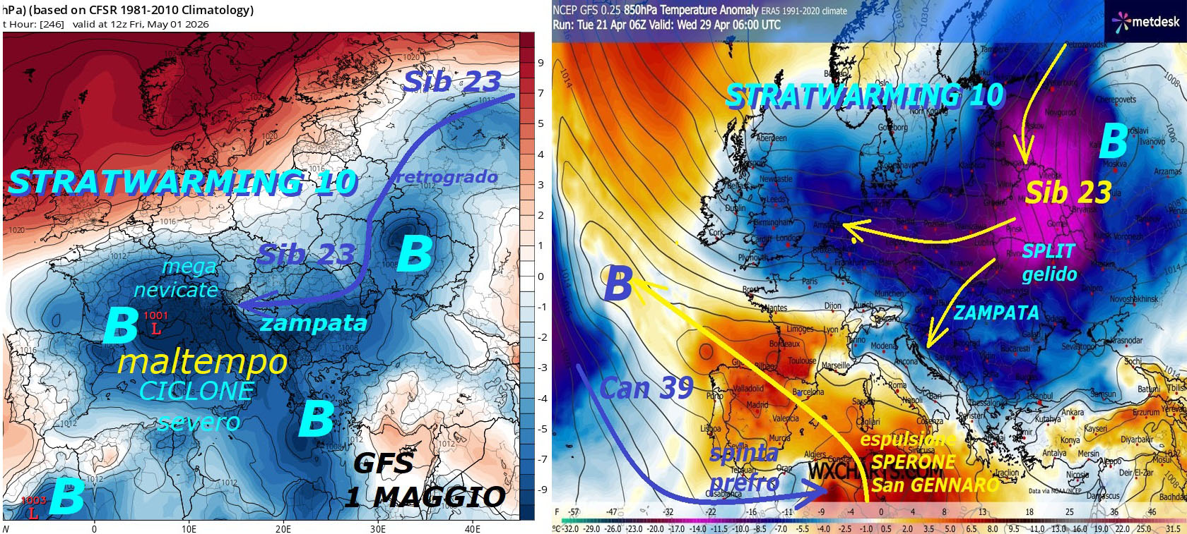 Ancora un’ANTEPRIMA eclatante dedicata all’importante 
festivita’ del 1 MAGGIO per i nostri ABBONATI  della NEWSLETTER, 

la RAFFICA di FREDDO da EST con la sua esorbitante FALLA, 

con l’ultimo SIB 23,  che gia’ vi abbiamo  presentato…

Diciamo che viviamo un altro momento STORICO del FREDDO
da ORIENTE e sue continue ZAMPATE, con ARTICO Continentale,

il VORTICE POLARE ancora a PEZZI e MALATO di STRATWARMING 10

in modo eclatante e CAOTICO, vige la sua epocale ANOMALIA –

Il 1 MAGGIO soto l’IMPULSO del SIB 23, con ingente MALTEMPO,

ancora troppo FREDDO, CICLOGENESI, PIOGGE ingenti, mega NEVICATE,

NUBIFRAGI, possibili ALLUVIONI e purtroppo TEMPO da LUPI