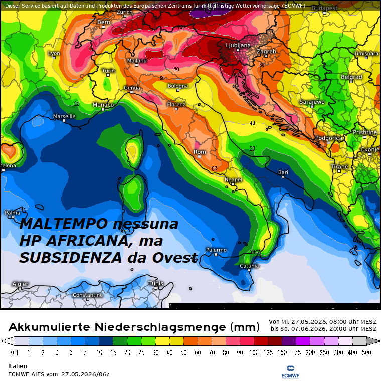 Ancora grosse MANOVRE di MADRE NATURA, che ci dona ESTATE precoce, merito di AZZORRIANO compresso da Ovest, ma segue notevole CAMBIAMENTO –
NEWSLETTER SierraPapaMeteo mag 27, 2026 –
FLASH dedicato a questo POST multi MIX,

dove si conferma, che NON abbiamo proprio

nessuna HP di matrice AFRICANA sull’ITALIA,

ma bensi effetto SUBSIDENZA da Ovest della fisica

di MADRE NATURA, con compressione ADIABATICA…

con appunto Flusso AZZORRIANO compresso dall’ATLANTICO –

Si prevedono anche PIOGGE e TEMPORALI di

notevole importanza, mentre il TREND TERMICO

e’ decisamente NEGATIVO, quindi le TEMPERATURE

hanno tendenza a Diminuire…

Ancora nostre INFOS METEO, pienamente rispettate,

all’opposto di quanto si proponeva di ESTATE

ad Oltranza di stampo AFRICANO ed HP senza PIOGGE –

Inseriamo ancora un POST completo dalla nostra

NEWSLETTER, dedicata alla Meteo, a Madre Natura,

al Freddo, che causa TUTTI gli EVENTI, che conosciamo…