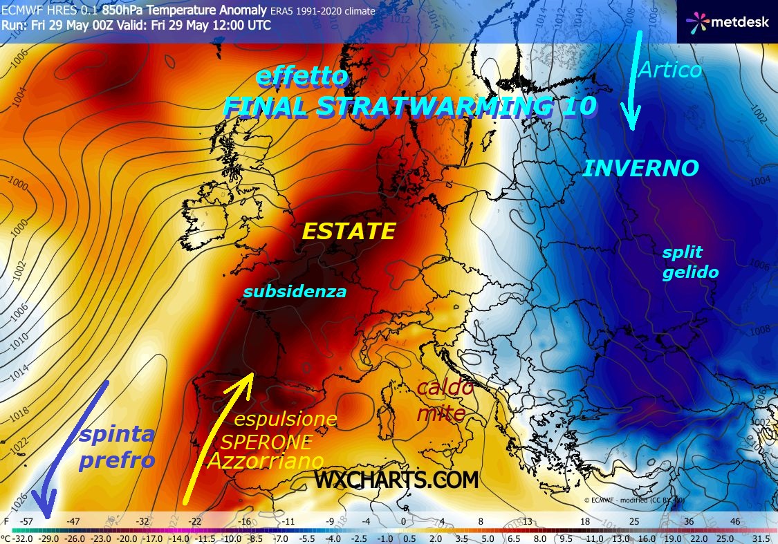 A proposito del FREDDO e del VORTICE POLARE, essi esistono ancora e persino troppo anche Oggi, ad Ovest con la sua SPINTA PREFRONTALE, mentre ad Est abbiamo ancora un mega SPLIT INVERNALE, incredibile –
 NEWSLETTER mag 29, 2026
FLASH dedicato all’esame delle opere continue

di MADRE NATURA, che vengono snobbate ad HOC…

Questo e’ il MODELLO odierno by ECMWF Europeo,

saremo assai brevi, siamo stanchi di contrastare,

quasi da SOLI, la meteo che prevale al 99% , con

orientamento all’esaltazione del CALDO ed esasperare

il grado in piu’, che esiste, ma malgrado questo

il FREDDO proprio NON e’ scomparso, anzi chiunque

puo’ denotare, che esso e’ persino troppo ESISTENTE…

Guardate come siamo messi anche oggi, con l’EUROPA

divisa a meta’, quella OCCIDENTALE con nuova

ESPULSIONE dello SPERONE di SAN GENNARO e contenuto

di sub TROPICALE del tutto AZZORRIANO e ATLANTICO

miracoloso, mentre quella ORIENTALE e’ sotto ancora

un nuovo SPLIT a contenuto simil INVERNALE ARTICO –

Sono giorni che volevamo farvi conoscere alquanto,

ma purtroppo altrove NON mostreranno e vi parleranno

di queste REALI INFOS di Madre NATURA, l’argomento

del FREDDO e’ un TABU’, prevale l’argomentazione,

che esite SOLO il CALDO ed il FREDDO e’ una leggenda…

Invece NON e’ proprio VERO, guardate cosa esiste ancora

ad EST, con il FREDDO intenso, che ha rischiato

di raggiungerci, anche Oggi da EST, ma ve ne rendete conto ?

Tenete questo MODELLO come souvenir dalla nostra NEWSLETTER,

che tratta anche di queste COSE, altrove sono

in un vicolo CIECO, perche’ troppo imbrazzanti,

purtroppo vige la Meteo fondata sul business del CALDO,

pura verita’, ma NON vogliono dirlo –

Mentre invece il FREDDO proprio NON lo paga nessuno, anzi

viene criticato, dichiarato INESISTENTE e contro il regime

esistente, che viene tutelato ovunque, per questo vi diciamo,

a CHI la pensa come noi, di darci almeno una mano, anche

inserendovi sulla nostra NEWSLETTER, perche’ da un momento

all’altro, potremmo anche sparire da questo Social,

come sempre diciamo soltanto la pura VERITA’