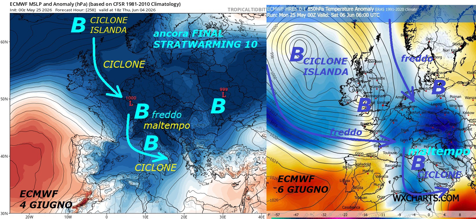 Andiamo in un GIUGNO ancora super ANOMALO e BALORDO, oramai NON se ne puo’ piu’, il VORTICE POLARE il protagonista di TUTTO il nuovo CAMBIAMENTO e MADRE NATURA sempre sopra di noi…
NEWSLETTER SierraPapaMeteo mag 25, 2026
FLASH dedicato alla nuova DRASTICA opera di MADRE

NATURA, con un nuovo longevo IMPULSO di FREDDO

e di MALTEMPO, che piomba di nuovo sull’ITALIA…

Anche ECMWF Europeo si piega, si pone in SINTONIA

con nostre INFOS METEO, NON abbiamo per NULLA

una ESTATE LONGEVA e ad OLTRANZA, tantomeno AFRICANA,

la nuova ESPULSIONE AZZORRIANA proviene da Ovest, con

CALDO di matrice da SUBSIDENZA di ricaduta, sara’

gia’ in TILT con MALTEMPO e PIOGGE dal 26 MAGGIO,

subira’ proprio da primi di GIUGNO, una vera

nuova BATOSTA, con FREDDO e MALTEMPO sull’ITALIA

di nuovo, come poi vi abbiamo gia’ presentato anche

con il pensiero by GFS Americano, eppure siamo

in mano di fonti, che NON fanno altro che divulgare

CALDO Apocalittico ed ESTATE da RECORD senza limiti,

ma poi faranno i consueti DIETROFRONT –

Sono ancora FONDAMENTALI e PRIORITARI sugli EVENTI,

il VORTICE POLARE troppo malandato e MALATO,

lo STRATWARMING 10 in fase FINAL, il CICLONE d’ISLANDA

ancora super alimentato dal GELO e COLATE del VP

buona visione

Per vedere al completo questo POST originale, composto

da un ESAGONO di Modelli matematici, seguite questo LINK

sino alla nostra NEWSLETTER dedicata a Madre Natura

buona visione