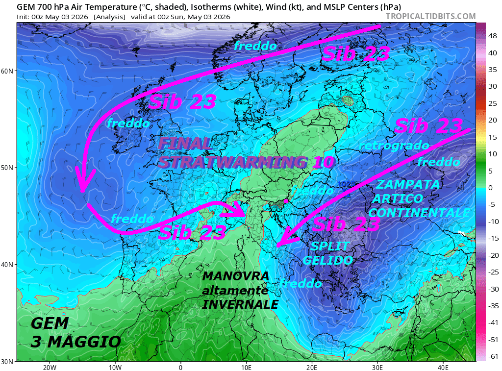 Dedicato al TREND iper ANOMALO e BALORDO,
che prosegue anche in MAGGIO, altroche’, per
causa dello STRATWARMIN 10 e la sua FALLA
storica da EST, sono tutte opere di MADRE NATURA…
Sono quasi 16 Anni, che vi proponiamo buone PREVI
ed utili DINAMICHE, di quello che succede al
VERO sopra la nostra TESTA, osservate cosa ci
attende, anche se lo abbiamo gia’ presentato da una Decade,
nei primi 3 Modelli siamo in quota geopotenziale 700 hPa –
Percepite l’importanza fondamentale di conoscere
i Deflussi e gli IMPULSI del FREDDO, che sono
la causa poi di tutti gli EVENTI, che ci bombardano
in continuo, anche in un momento storico di CAOS
e SQUILIBRIO per il VORTICE POLARE, incoraggiato
anche dal persistente stato di STRATWARMING 10,
on AIR gia’ da meta’ di NOVEMBRE, ora nel suo FINALE –
Osservate la REGIA fondamentale ed eclatante del
FREDDO e GELO da EST del SIB 23, che ruota persino
ancora da Ovest, come in modo iper ANOMALO
avviene da un po’ di TEMPO, un altro MISTERO di
MADRE NATURA, di cui nessuno ne parla, ma esiste…