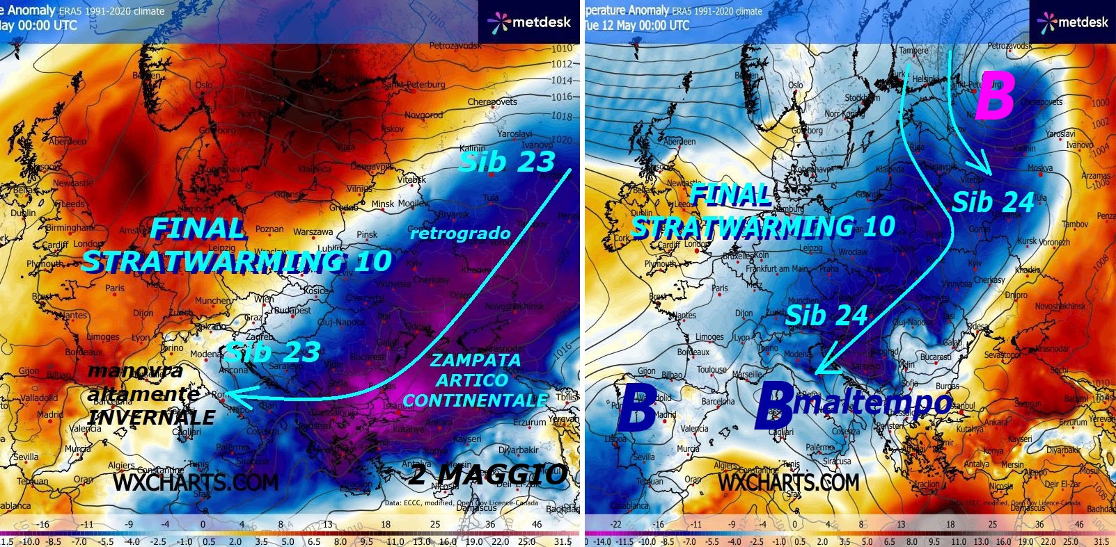 Dedicato al super ANOMALO TREND
di MAGGIO, che segnera’ una PRIMAVERA 2026
ancora NON PERVENUTA, all’opposto poi
dell’ESTATE precoce AFRICANA, che veniva imposta,
questa del 2026 sara’ ben la SETTIMA PRIMAVERA
di fila, che ha fatto proprio FLOP, NON PERVENUTA,
come poi le precedenti, meglio ricordarlo…
Percepite anche by GEM Canadese, cosa si
intravede nella prima Decade, in arrivo,
il SIB 23 dalla eclatante FALLA ad EST, con la
sua storica ZAMPATA Artico Continentale, 
che persevera, poi seguira’
un nuovo LONGEVO SIB 42 da Ovest, con ingente
MALTEMPO anche sull’ITALIA, infine un nuovo
SIB 24 da Est, con estrazione ancora dal LOBO SIBERIANO –
Le cause di tutti questi IMPULSI FREDDI, sono
da ricercarsi in un VORTICE POLARE iper MALATO
ed anche DEBOLE, che ORA e’ entrato nella sua 
fase di FINAL STRATWARMING 10, questi sono i MISTERI
di Madre Natura, che anche quest’anno perseverano
nella PRIMAVERA e vanno studiati e presentati –
Per vedere al completo l’interessante CAROSELLO
di 9 MODELLI matematici, seguite questo LINK
verso l’articolo originale…