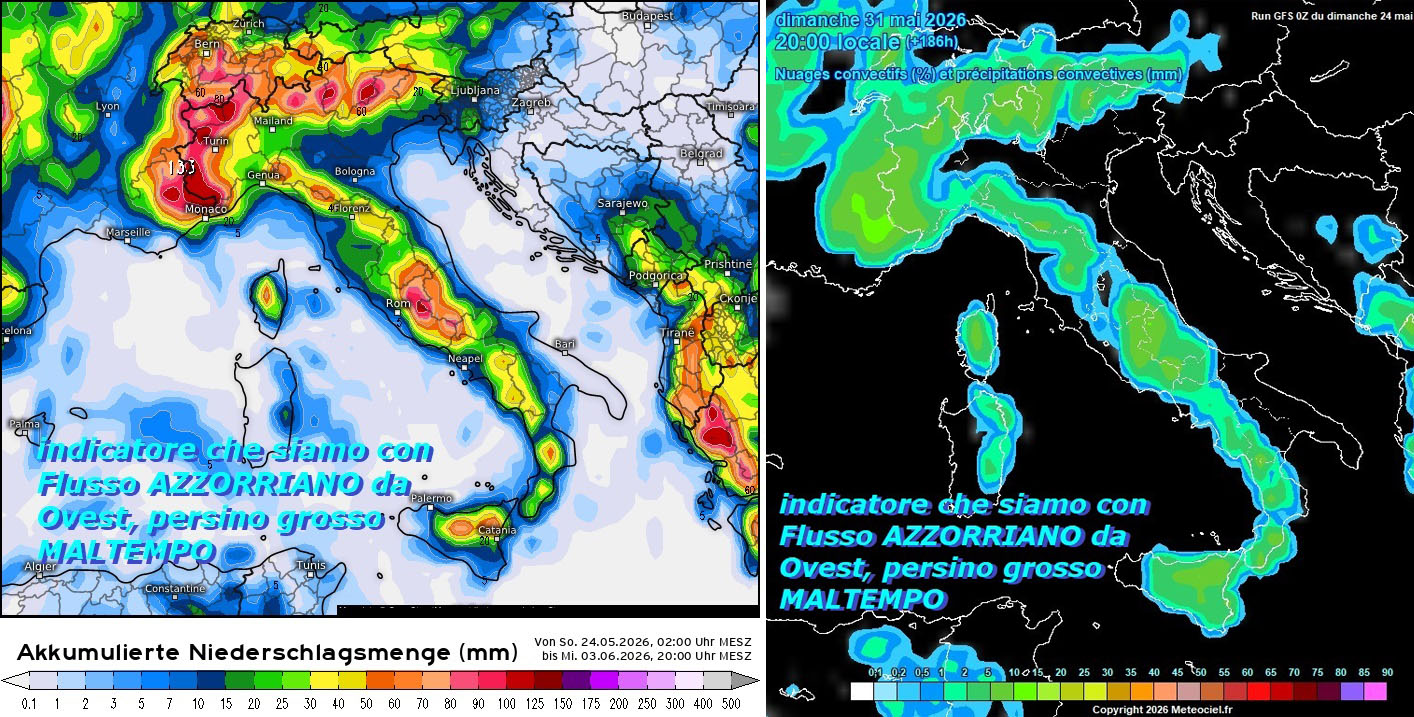 Siamo con ESPULSIONE di HP AZZORRIANA da Ovest, sostenuta da SUBSIDENZA adiabatica, persino MALTEMPO in CRESCENDO, quindi niente AFRICANO…

NEWSLETTER SierraPapaMeteo mag 24, 2026

FLASH dedicato alle Dinamiche di MADRE NATURA,

andremo dal 26 MAGGIO in CRESCENDO di

MALTEMPO, con PIOGGE e TEMPORALONI…

ancora nostre ANTEPRIME studiate e mostrate

sul nostro Sito, con MODELLI matematici –

Tutto e’ un indicatore, che siamo con Flusso AZZORRIANO

da Ovest, persino grosso MALTEMPO, abbiamo HP

con contenuto anche di intrusione umida ATLANTICA,

con effetto di RICADUTA Adiabatica, che causa

la consueta SUBSIDENZA termodinamica e quindi

per COMPRESSIONE della fisica di Madre NATURA,

le MASSE interessate si surriscaldano di molto,

ma certe cose NON vengono divulgate ad HOC

buona visione

Per vedere questo POST completo di 10 MODELLI matematici,

seguite il nostro LINK verso l’articolo completo alla NEWSLETTER
