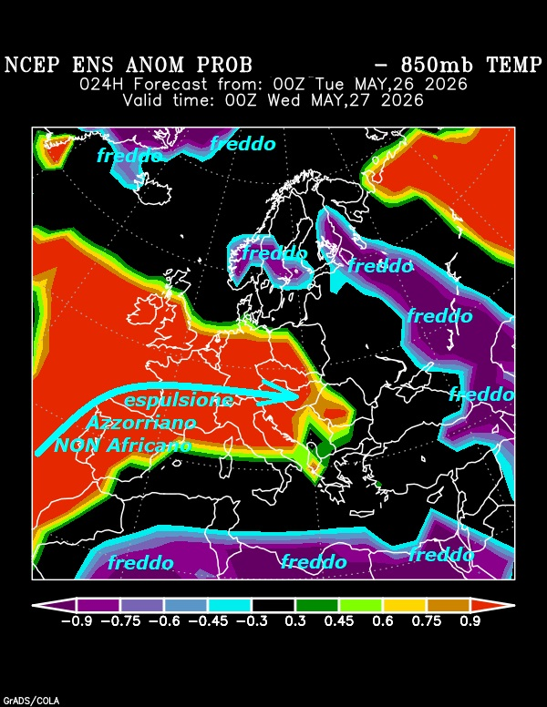 Come nostre vetuste INFOS METEO, siamo sotto AZZORRIANO da Ovest e NON AFRICANO…la nuova Ondata di sub TROPICALE risente molto dell’effetto di SUBSIDENZA, a molti NON NOTO –
NEWSLETTER SierraPapaMeteo mag 26, 2026
FLASH dedicato alla reale CONFERMA che siamo

sotto un Flusso prettamente AZZORRIANO e

per niente AFRICANO, con sua estrazione da Ovest…

Una eclatante e scientifica PROVA che ci viene

consegnata da NCEP ENS by NOAA, ovvero del GRUPPO ENSEMBLE,

che e’ un sistema di previsione Meteo probabilistico,

consiste nell’elaborazione NON di una sola simulazione,

ma di decine di scenari paralleli o Membri del GRUPPO,

Questo permette di valutare l’affidabilità di una previsione,

visto che sono ben 51 i MEMBRI che vengono esaminati…

Quindi ancora una volta si dimostra, che siamo

in una iper BUFALA, con soliti siti, che decantano

ed esaltano, che siamo sotto REGIME di AFRICANO, INESATTEZZA

grave, come poi visto anche lo scorso Anno…

Ripetendo ancora, che il CALORE inserito in questa

SPERONATA da Ovest, viene gestito solo dalla RICADUTA della

Massa AZZORRIANA, che si riscalda per il noto principio

della Termodinamica della SUBSIDENZA, di ben 10 C per ogni Km

di discesa – Ecco la spiegazione scientifica di quanto

succede, la causa del CALDO e’ dovuta NON alle mani

dell’uomo, troppo convinto, ma alle mani di MADRE NATURA

e dei suoi fenomeni della fisica nella fase di COMPRESSIONE dei gas –

Queste sono COSE che vanno dette e spiegate, sia nelle TV,

nelle scuole ed anche nelle case, come facciamo noi –

Inseriamo anche un AGGIORNATO nuovo MODELLO by NOAA sul TREND Termico sino al 4 GIUGNO, NON possiamo lasciarlo al buio…
