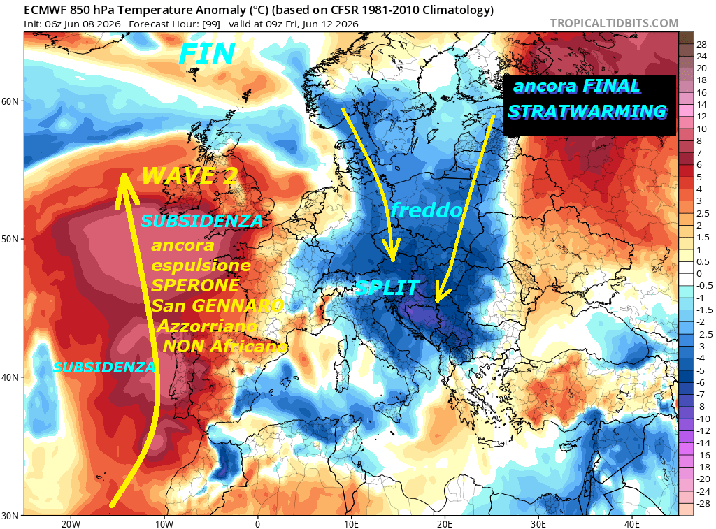 Siamo ancora e persino TROPPO, nelle mani di MADRE NATURA, ecco come il pensiero by ECMWF Europeo valida il nuovo FREDDO verso anche l’ITALIA…Dedicato al nuovo EVENTO del FREDDO,

che colpira’ anche l’ITALIA, queste sono le

cose veramente ANOMALE ed ECLATANTI per l’ITALIA

ed anche l’EUROPA, pensate colpira’ di nuovo

persino il NORD AFRICA e siamo nel CUORE di GIUGNO…

Ancora effetti del FINAL STRATWARMING 10 troppo

prolungato, con MADRE NATURA, che malgrado il

grado in piu’ al suolo, fa come le pare e piace,

diciamo la verita’ meglio cosi, sono proprio le

PIEGHE GELIDE della TROPOPAUSA, che dipartono dalla

STRATOSFERA, che causano tutto questo, ma sono

anche queste delle INNOMINATE, invece vanno studiate

e divulgate nelle case, sono le registe di tutti gli EVENTI,

che troppo ci colpiscono, comandano il Maltempo,

e le Perturbazioni, con i loro SPLITS e COLATE

causano persino le ESPULSIONI di sub TROPICALE

dalle FASCE piu’ CALDE attigue all’Equatore, piu’

in seguito manderemo anche il QUADRO fisico

matematico di queste PIEGHE Tropopausa, che sono

le PROTAGONISTE assolute di quanto succede…

La gente deve sapere queste cose e vanno divulgate

anche nelle scuole, sono proprio i MISTERI di

MADRE NATURA con le sue perenni opere, essa va conosciuta

e rispettata, nel suo continuo impegno sulla Terra –