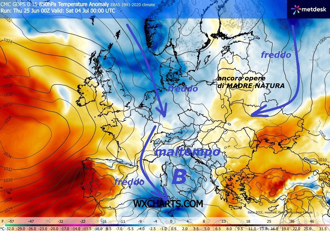 L’ESTATE balorda 2026 ha tendenza ad andare in TILT e BREAK troppo precocemente, il primo SEGNALE PREMONITORE ce lo ha posto la NOAA, con il suo TREND, il secondo anche by GEM Canadese –
NEWSLETTER giu 25, 2026 –
FLASH dedicato ancora al DECRESCENDO dell’ESTATE,

sino a subire un mega BREAK da mandarla in FLOP…

Ancora nostre vetuste INFOS METEO validate,

ma adesso ne parlano anche altri, invece prima

ci avevano imposto ESTATE AFRICANA senza fine

e senza limiti, come nel 2003, siamo sempre alle solite –

Purtroppo NON si ricorda anche, per oltre meta’ GIUGNO,

l’ESTATE e’ stata INESISTENTE, mentre si scambia

una PATACCA banderuola di SUBSIDENZA adiabatica,

come ESTATE travolgente e da Record –

Ecco ancora il TREND sino al 2 LUGLIO by NOAA, che ci

informa, per chi lo vuol capire, che le Temperature

vanno in diminuzione, per l’EUROPA poi vanno

proprio in TRACOLLO, mentre GEM Canadese, di sicuro

il piu’ coerente, mostra ancora questi MODELLI

per l’inizio di LUGLIO, con ESTATE in grosso TILT –

Guardate che anche il POST di ieri, dove si denota

il FREDDO in quota, che da EST va all’ASSALTO con TEMPORALI,

e’ molto importante e significativo, siamo proprio

in un CAOS ancora STORICO e misterioso del VORTICE POLARE…