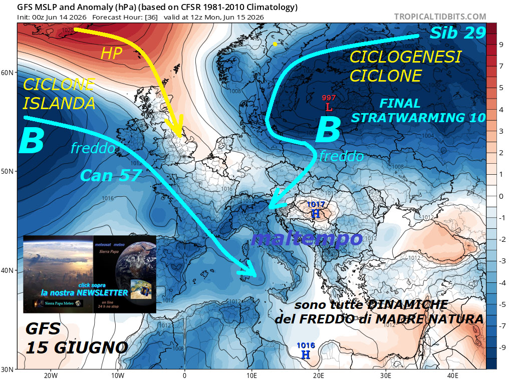 Ancora CONFERME sulle opere di MADRE NATURA, con effetti della sua fisica della SUBSIDENZA da Ovest, che viene invocata ancora e sempre AFRICANO, urgono provvedimenti
NEWSLETTER SierraPapaMeteo giu 14, 2026 –
FLASH dedicato alle opere di MADRE NATURA,

con le Vere Dinamiche della METEO…

Un POST MIX composito dei migliori MODELLI

matematici, che validano ulteriormente

nostre uniche ANTEPRIME ed INFOS –

Si conferma, che andiamo incontro a molta

INSTABILITA’ e MALTEMPO, avremo troppe

NUVOLAGGINI e cieli GRIGI, con TEMPORALONI,

NON abbiamo propria nessuna ESTATE AFRICANA

in arrivo, avremo ancora SUBSIDENZA adiabatica

da Ovest e dall’ATLANTICO