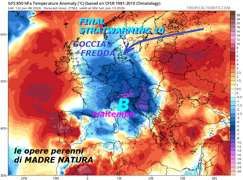 Proprio MAI visto un GIUGNO gradevole come ora, ma malgrado i sub TROPICALI, gli IMPULSI FREDDI ci colpiranno ancora, previsti soltanto da noi, la causa ne e’ il VP troppo MALATO, ma NON viene citato –
NEWSLETTER SierraPapaMeteo giu 06, 2026 –
Dedicato allo STUDIO del TREND di GIUGNO,

che sara’ molto ANOMALO, con FREDDO, BALORDO, in TILT…

Proprio all’OPPOSTO di quanto era stato INVOCATO,

infatti dopo la PRIMAVERA, che e’ stata ancora

scadente e BOMBARDATA da MALTEMPO e troppe ANOMALIE

NEGATIVE, si delinea un GIUGNO scadente da RECORD…
