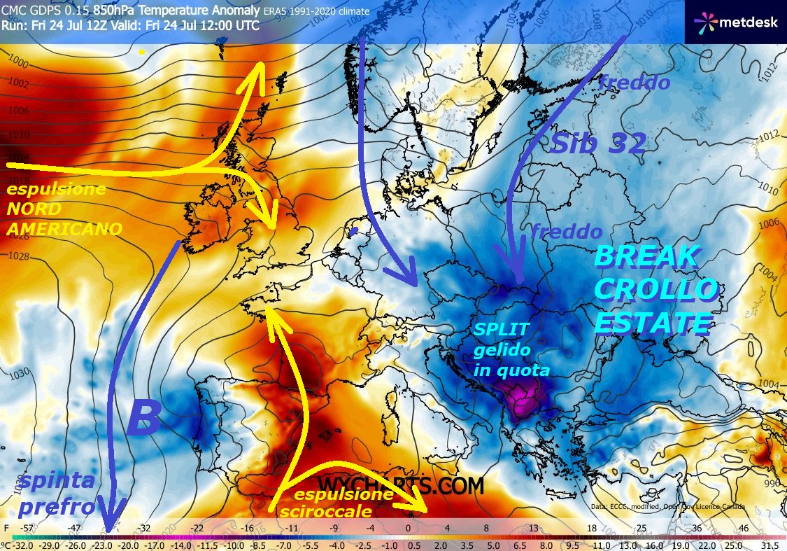 Ecco come si completa il BREAK ed anche CROLLO dell’ESTATE, con arrivo ancora di MALTEMPO, NUBIFRAGI, PIOGGE, GRANDINATE e DOWNBURST –
Dedicato all’ANALISI del BREAK dell’ESTATE,
con il FREDDO, che porta anche grosso MALTEMPO e PIOGGE
e l’HP AFRICANA va in CROLLO in modo clamoroso…
Ancora nostre INFOS METEO corredate di ampi
CAROSELLI deterministici, che sono VALIDATI,
li conoscete da oltre una decade, eccoli di nuovo –
Osservate come l’ITALIA subisce l’ASSALTO
da EST del nuovo SIB 32, con persino SPLIT gelido,
in quota, proprio nel CUORE dell’ESTATE, forse
qualcuno lo desiderava proprio su ROMA, per capire
che il FREDDO esiste e persino troppo anche in LUGLIO…
Purtroppo il tutto viene spesso svilito ed
offuscato, queste e’ GEM Canadese, ma queste
dinamiche e questi SENTIERI del FREDDO sono identici
per tutti i Centri di calcolo internazionali –
Ma appunto NON finisce QUI, altro IMPULSO del FREDDO
discende ad OVEST dal CICLONE d’ISLANDA congiunto
con il CICLONE di SCANDINAVIA, persino in LUGLIO,
altro fatto eccezionale e mega ANOMALO, il…
continua all’interno con CAROSELLO di 6 Modelli matematici