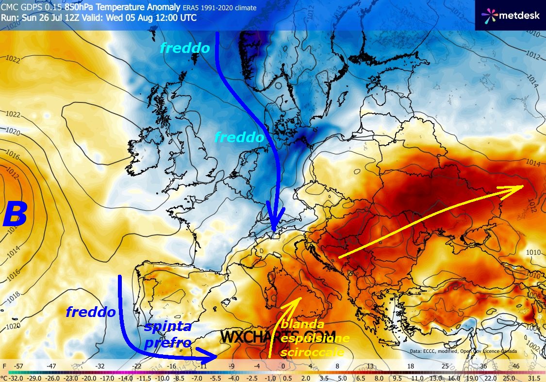 Abbiamo GEM che presenta ancora, una discesa del FREDDO dalla GROENLANDIA ad Ovest, potrebbe avere una risultante efficace anche sulla nuova Ondata –
lug 26, 2026 –
FLASH dedicato ancora allo STUDIO dei MODELLI matematici,
anche stasera ecco GEM Canadese, un nostro PREFERITO,
delinea che la nuova Ondata di sub TROPICALE, potrebbe
avere un TILT intorno al 3 / 4 AGOSTO…
GEM prospetta questa Ondata con una estrazione
ancora da Ovest, quindi di contenuto AZZORRIANO,
NON avra’ portata di Calore IPERBOLICO,
ma il fatto piu’ TOPICO e’ rappresentato in questo QUADRO –
Noi da 16 anni, ci occupiamo, in primis, dello studio
dei SENTIERI e delle rotte del FREDDO e del VP,
con le loro PIEGHE gelide della TROPOPAUSA, che causano
tutti gli Eventi, che subiamo, sono poi FONDAMENTALI –
Intorno a queste date, dovrebbe succedere qualcosa
di importante da Ovest, con il FREDDO dalla GROENLANDIA
ancora attivo, nelle sue Dinamiche di SPINTA PREFRONTALE,
secondo voi questo MODELLO deterministico, lo
dobbiamo lasciare in un cassetto, oppure presentare
anche sul Social, per dare queste INFOS ed anche speranza…