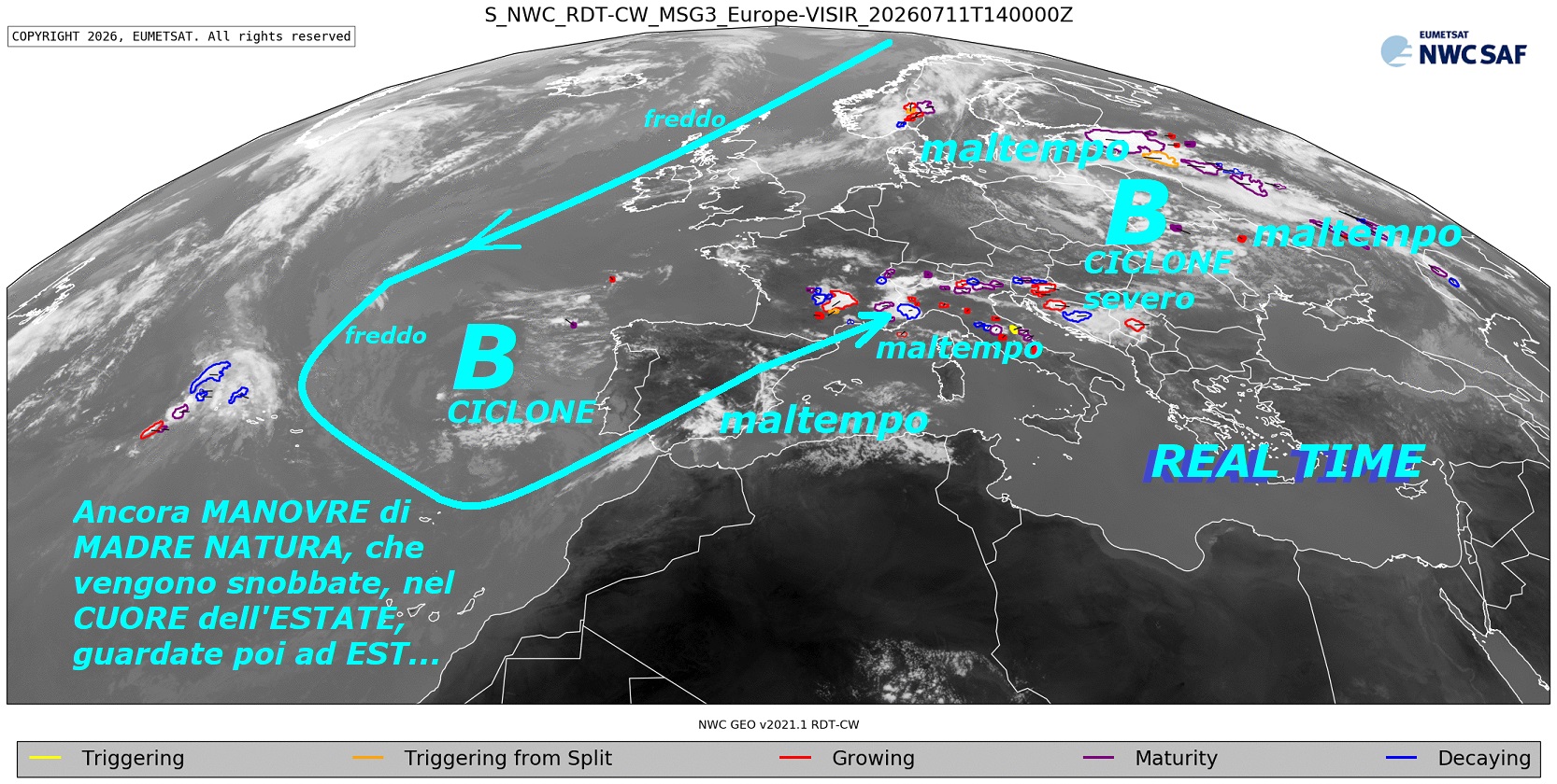 Ancora grandi opere di MADRE NATURA dal VORTICE POLARE STRATOSFERICO, sempre MALATO, arrivano nuove PIEGHE gelide nella TROPOPAUSA, nel CUORE dell’ESTATE, ma diversi NON le conoscono nemmeno – FLASH dedicato alle manovre della VERA METEO,
eccoci come anche Oggi 11 LUGLIO, arrivano
MALTEMPO, TEMPORALONI, GRANDINATE, VENTI,
DOWNBURST, forse MCS, dalla PERTURBAZIONE
causata dal FREDDO del VPS e NON dal CALDO, nelle
Perturbazioni e MALTEMPO esiste solo il FRONTE FREDDO…
Tutto questo e’ poi causato dall’opera di MADRE NATURA,
NON di certo dalle mani scellerate dell’uomo –
Eppure abbiamo una schiera di esaltati del CALDO,
che sta qui sul nostro onesto sito per spiare,
senza NULLA darci, semmai pronta a criticare, sono
persone altamente MALEDUCATE e da STADIO, ma chi si
credono di essre, NON conoscono ne’ sub TROPICALI,
ne’ la loro origine, nemmeno il sub TROPICALE
con matrice dal NORD AMERICA, NON conoscono manco
l’AZZORRIANO, NON conoscono il FREDDO in quota,
che origina ogni PERTURBAZIONE, ne’ come si formano
gli EVENTI dalle PIEGHE gelide della TROPOPAUSA,
che dipartono dal VORTICE POLARE – Ebbeno sono
ancora queste PIEGHE che causano tutto questo , NON il CALDO,
eccoci allo START del MALTEMPO anche per OGGI…
all’opposto della HP AFRICANA infinita e NO LIMIT
buona visione