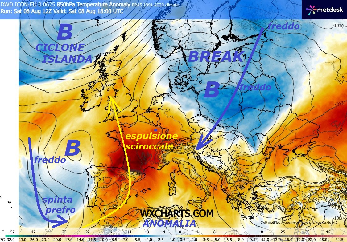 In pieno AGOSTO e con 2 IMPULSI di FREDDO, uno da EST ed uno da OVEST, sono opere di MADRE NATURA, come le ESPULSIONI di sub TROPICALE sciroccale, osservatele – 
ago 08, 2026 –
FLASH dedicato all’esame dell’ITALIA schiava,

da sempre, della sua NATURALE ubicazione,

galleggia proprio sull’ OCEANO sub TROPICALE di sotto casa…

Ecco la situazione di Oggi, che conferma,

abbiamo NON 1 ma persino 2 IMPULSI FREDDI,

uno da Ovest, con matrice dalla GROENLANDIA,

l’altro da EST da un super anomalo SPLIT,

quindi per essere ad AGOSTO, nel CUORE dell’ESTATE,

ne esiste persino troppo di FREDDO delle PIEGHE della Tropopausa –

Ma osservate quanto sia ATIPICA l’ITALIA ed anche serva,

il FREDDO ad Ovest tende a sprofondare troppo

lungo i MERIDIANI, scaraventando fuori il sub TROPICALE…continua
