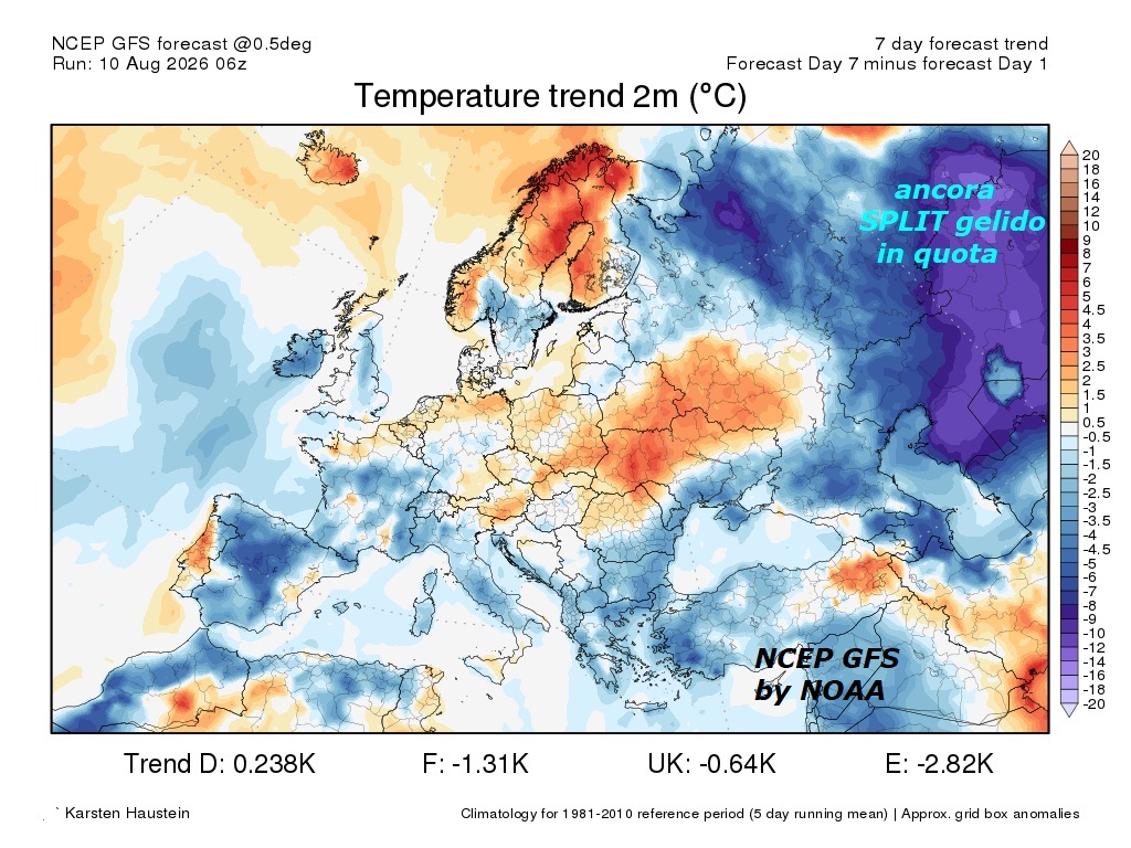 Ecco il TREND termico generale nella prossima settimana by Karsten Haustein center, specialista da 20 anni, SOLO in questa materia con Modelli by NOAA
ago 10, 2026 –
FLASH dedicato all’analisi del TREND di AGOSTO,

sino al 18, che ha del CLAMOROSO, ma va presentato…

Un POST unico, se lo merita tutto, ecco cosa

dice il Centro Tedesco di Karsten HAUSTEIN, che da 20 anni

si occupa esclusivamente delle ANOMALIE termiche,

basate sui Modelli NCEP GFS by NOAA

sui TREND della TERRA, conosciuto anche dai fisici dell’Atmosfera –

Abbiamo un TREND qualcosina NEGATIVO, guardate poi

l’EST, che viene sempre snobbato e NON presentato, con SPLIT,

il Modello conferma, che facendo la MEDIA dei valori

della notte ed il giorno, le Temperature

tendono ad essere inferiori al periodo 1981 / 2010 –

Ancora vi chiediamo, secondo voi questo Centro

specialista di questi TRENDs, racconta leggende ?

Esso NON e’ per NULLA sponsorizzato a raccontare leggende,

perche’ e’ di grande notorieta’ –

Secondo voi questo MODELLO deterministico dobbiamo

lasciarlo in un cassetto, magari scrivendo l’opposto,

NON faremo certamente questo, viviamo di onesta’ scientifica…